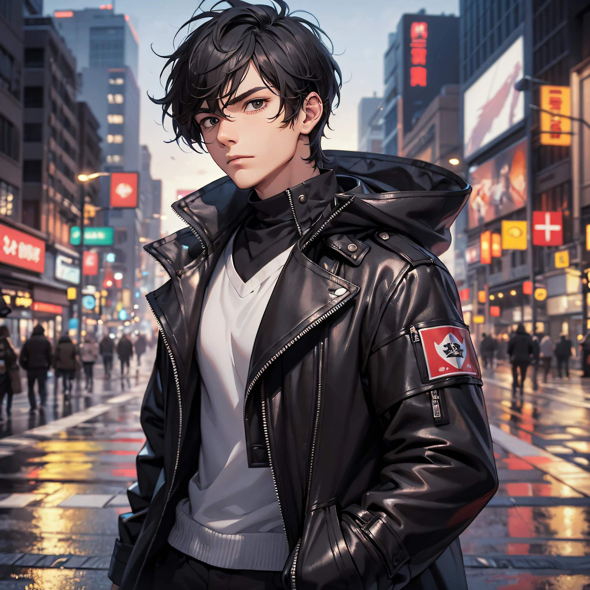 Absurd resolution, high resolution, (masterpiece: 1.4), hyper-detail, night, young man with messy short black hair, wearing a black coat, serious expression, in the middle of an empty street