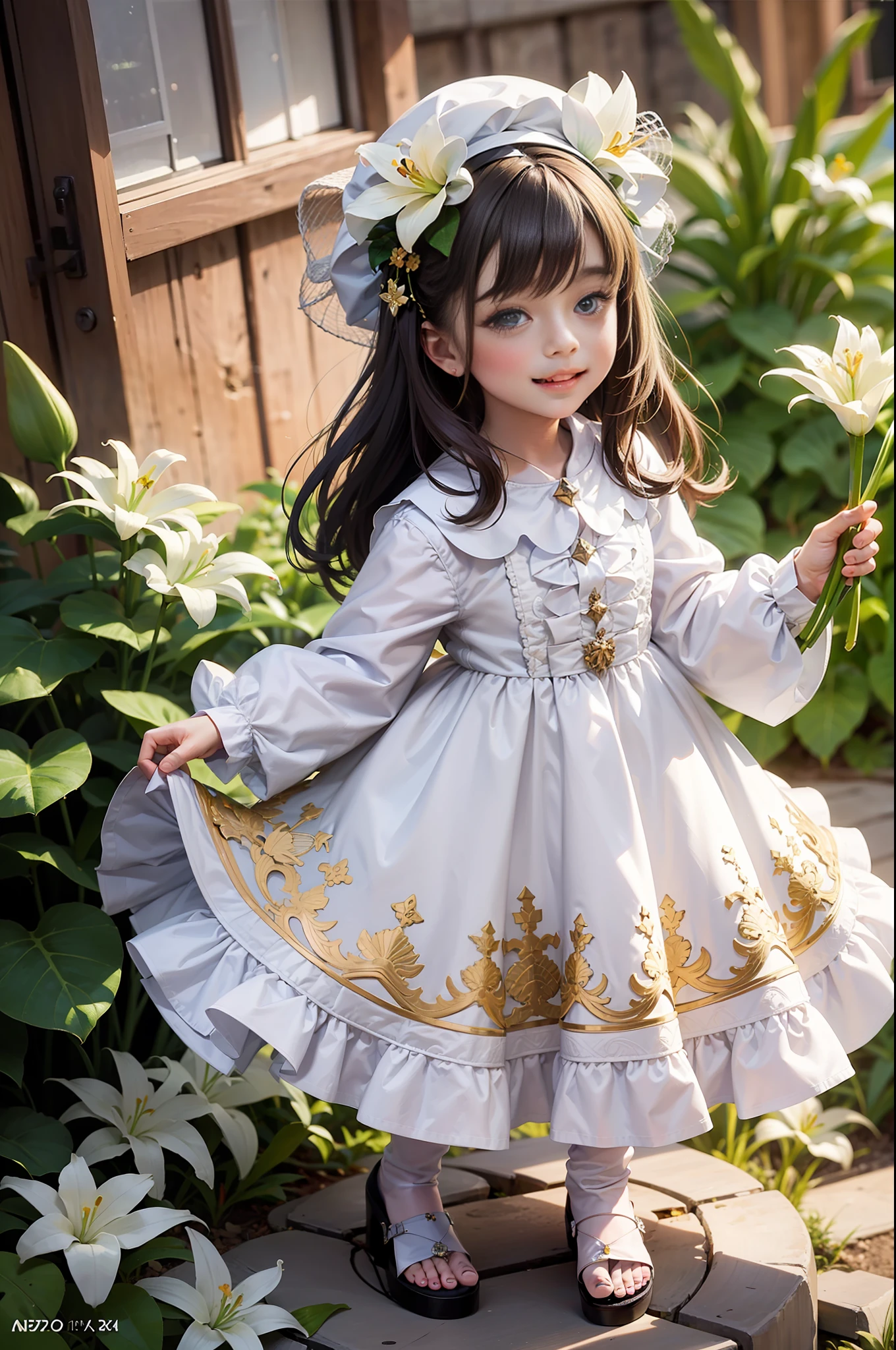 Joyful girl holding white lilies, flowers, dotted starlight, wide angle, full body (best quality) (intricate details)