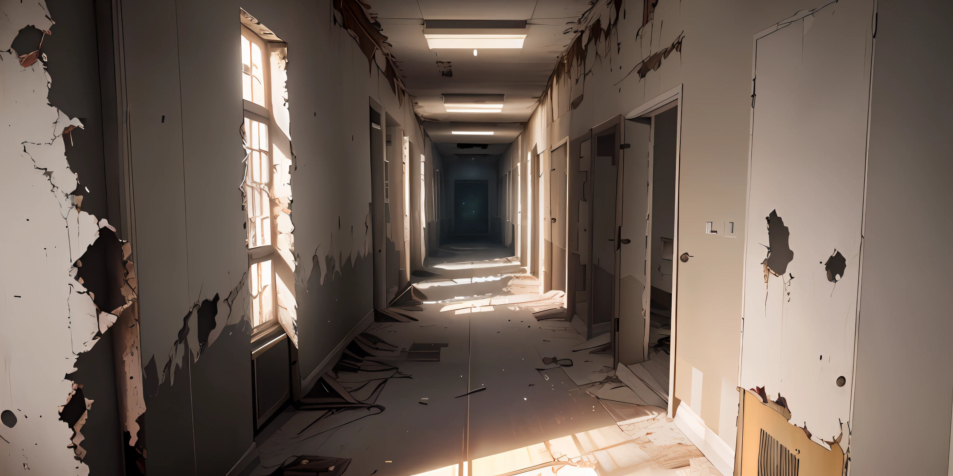 There is a long corridor with lots of windows and a lamp, empty corridor, abandoned hospital, abandoned hospital inside, abandoned shelter, long dark corridor, dark abandoned corridor at night, terrible empty extreme space, dark corridor, abandoned ward, creepy inside RE7, , inside the decaying ward