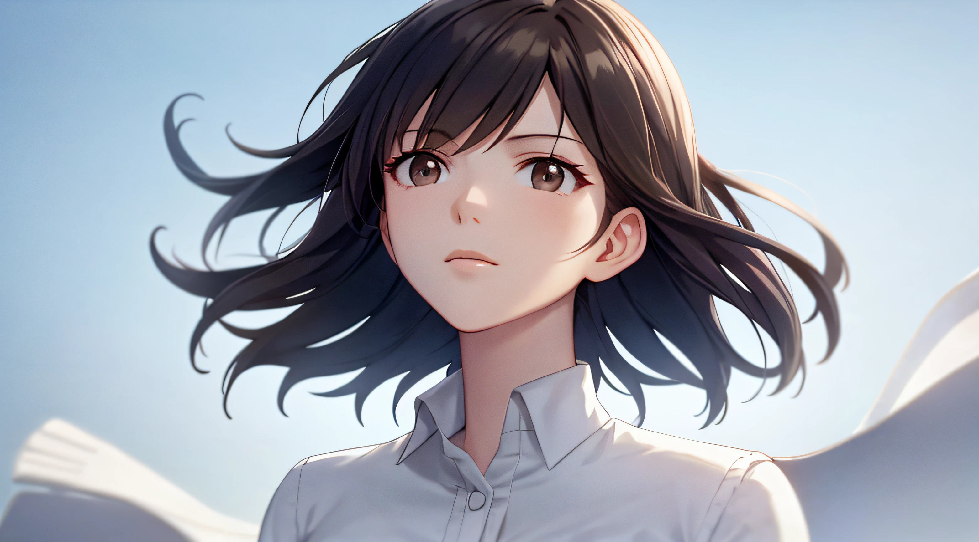 Anime-style illustration like a very detailed and precise photo, very beautiful young woman's face, brown berry short hair, perfectly round gray eyes, solo, wearing a white shirt, windy, looking up to the sky, pure white sky, pensive, strong sunlight, Makoto Shinkai CG art.