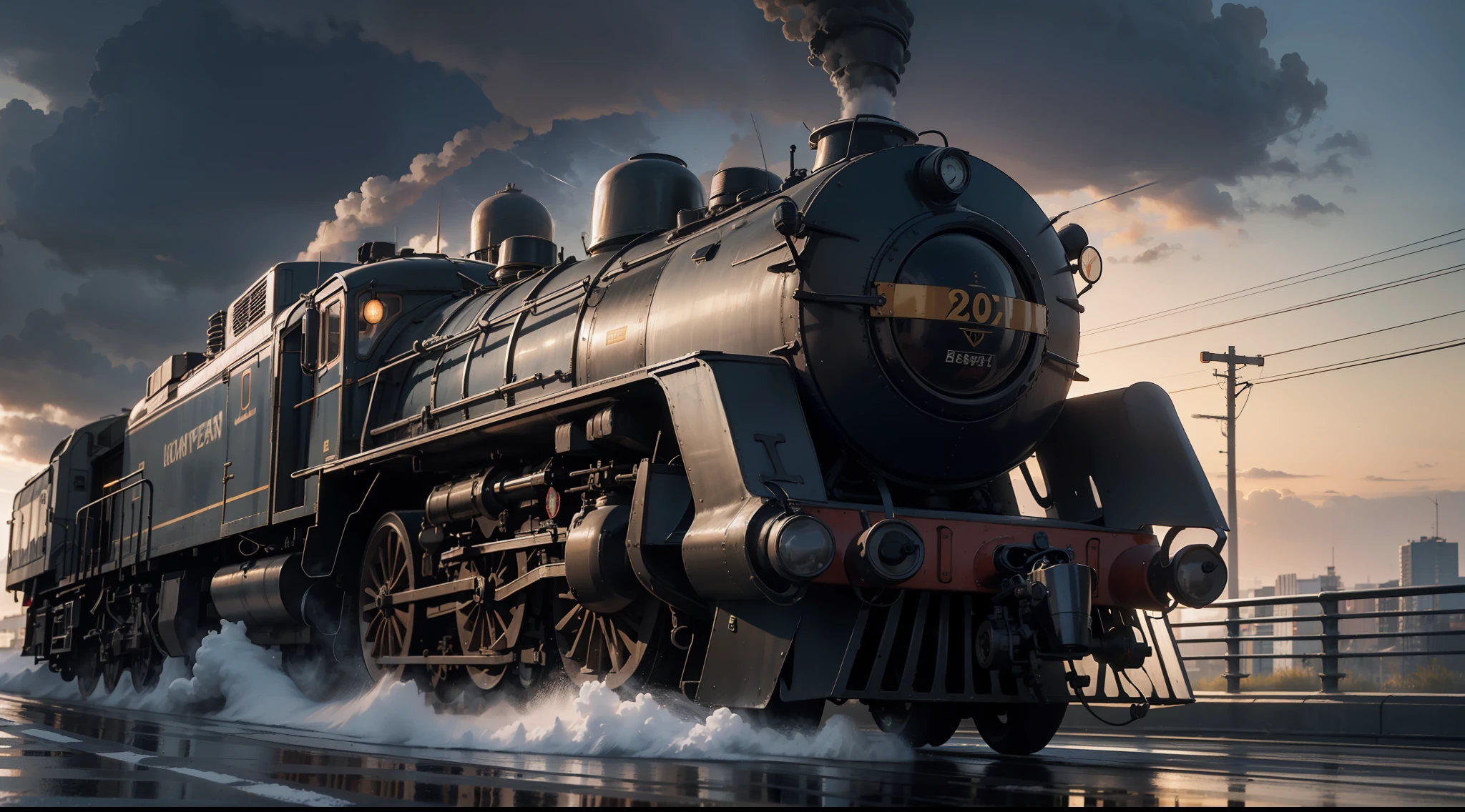 Masterpiece, ultra high-definition, ultra-smooth, (((more details))), several locomotives chasing and racing on the roads of the city, (((passionate))), forbidden atmosphere,