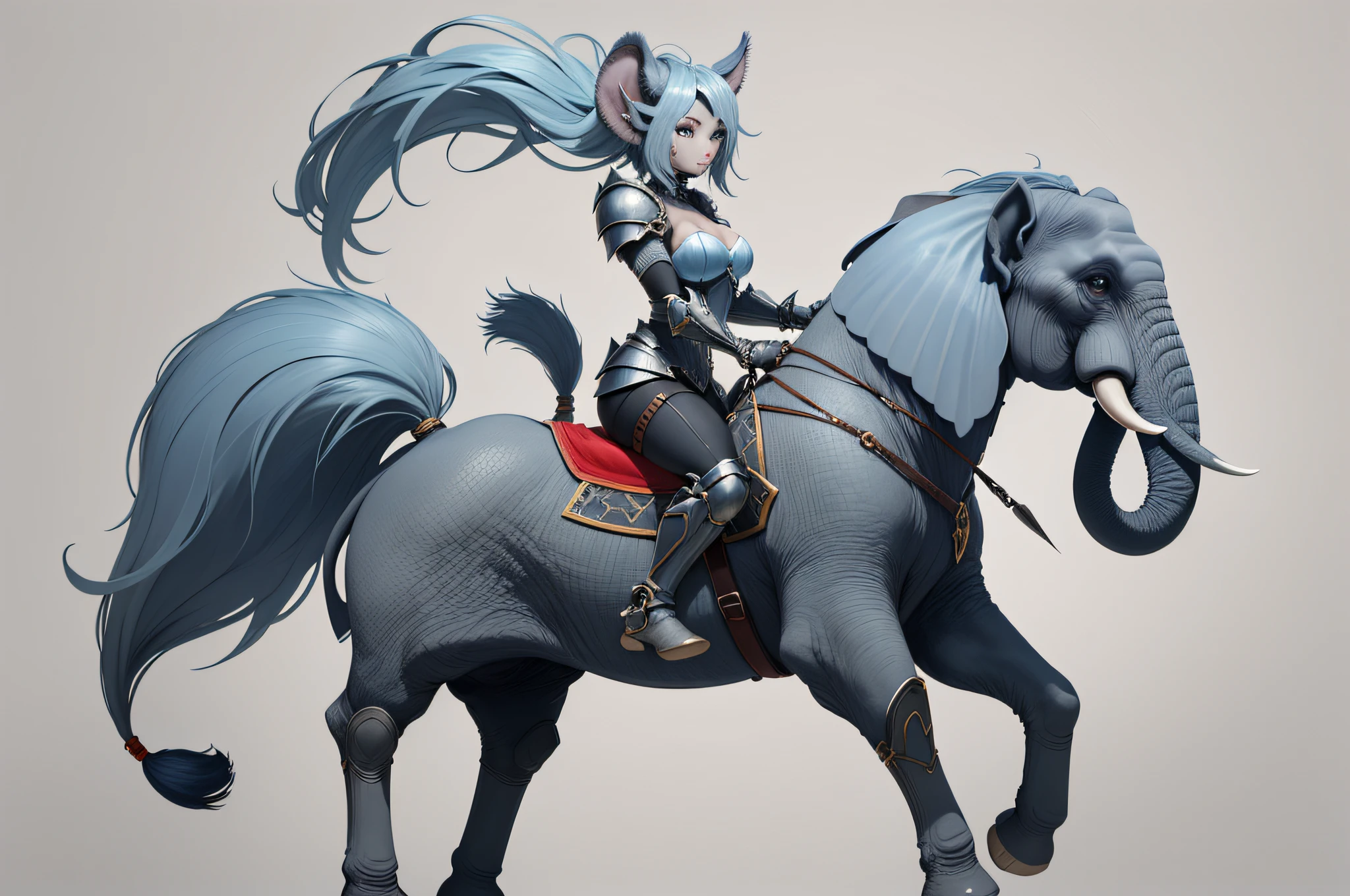 Elephant Centaur, (monster girl), light-blue skin, dark grey crew cut, white tusks, dark grey plated armor, dark grey ears with red, dark grey bands, masterpiece, best quality