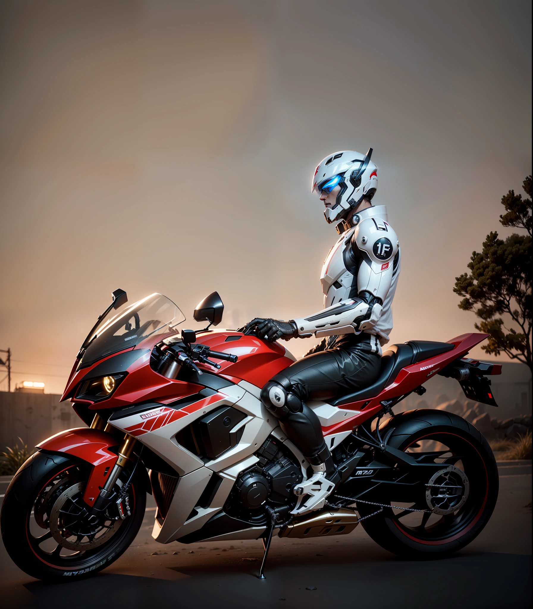 Handsome full body white mech Cyber Handsome Warrior, White Mech Clothes, Red Cyber Mechanical Motorcycle, High-Tech Black Full Surround Helmet, White Short Hair, Nousr, Biomechanics, MSHN Robot Man, High-Tech Helmet, Hyperreal, Steel, Intricate Design, Crazy Details, Fine Details, Extremely Clear Lines, Cinematic Lighting, Photo Realistic, Detailed Masterpiece