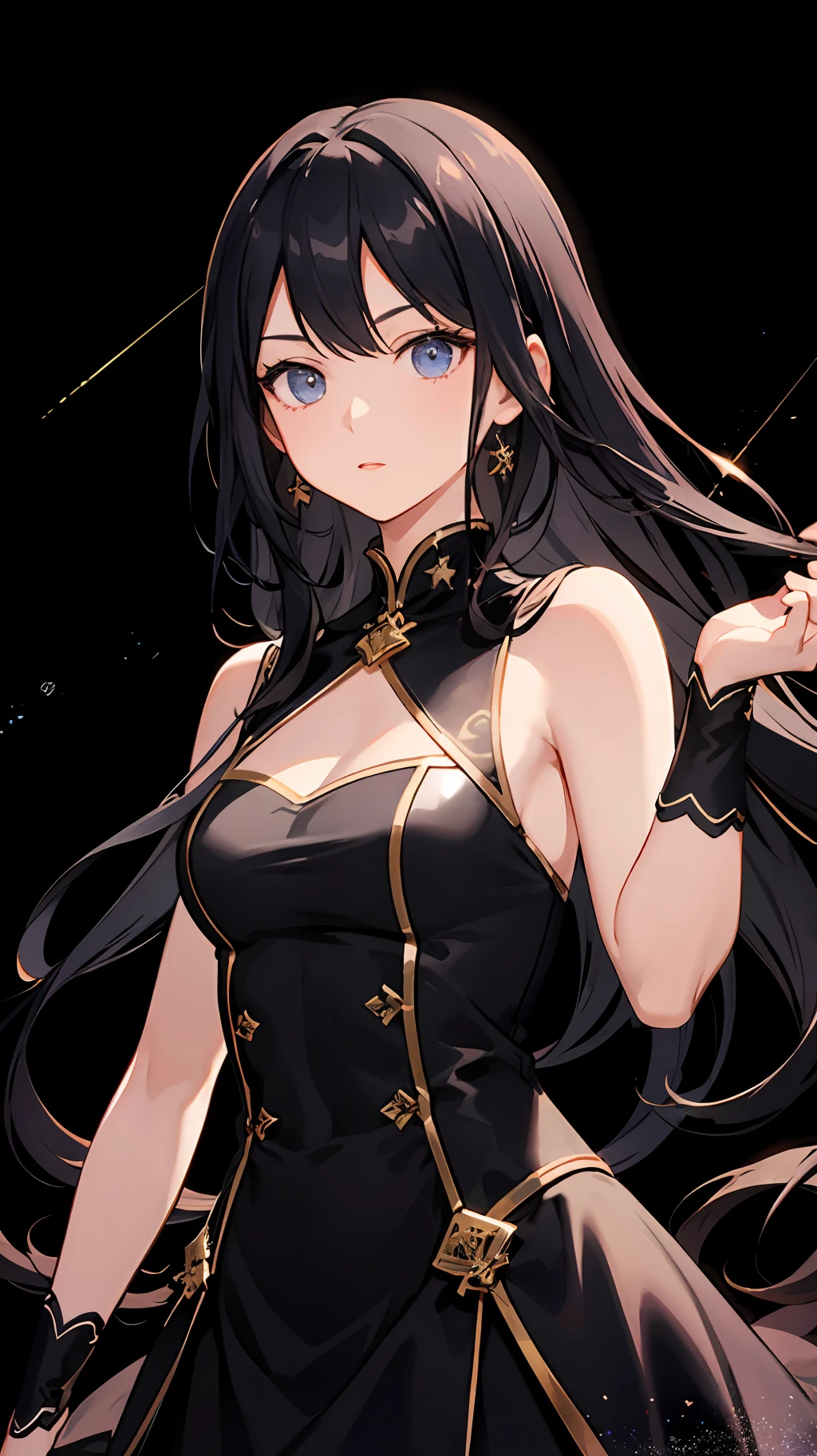 Wallpaper, highly detailed, best quality, 1girl, long hair, detailed eye, dress, black background, shooting stars, light coming from background,