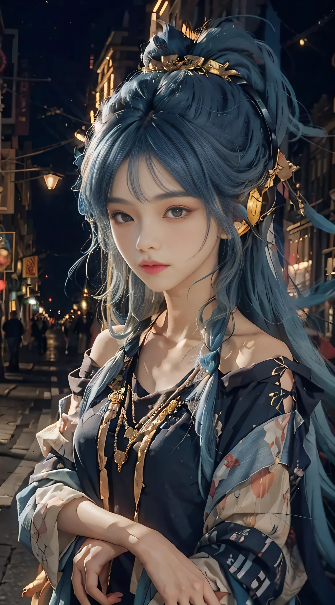 1 girl, hoodie, blue hair, extra long hair, off-the-shoulder, feather hair ornament, headphones around the neck, city, night, outdoors