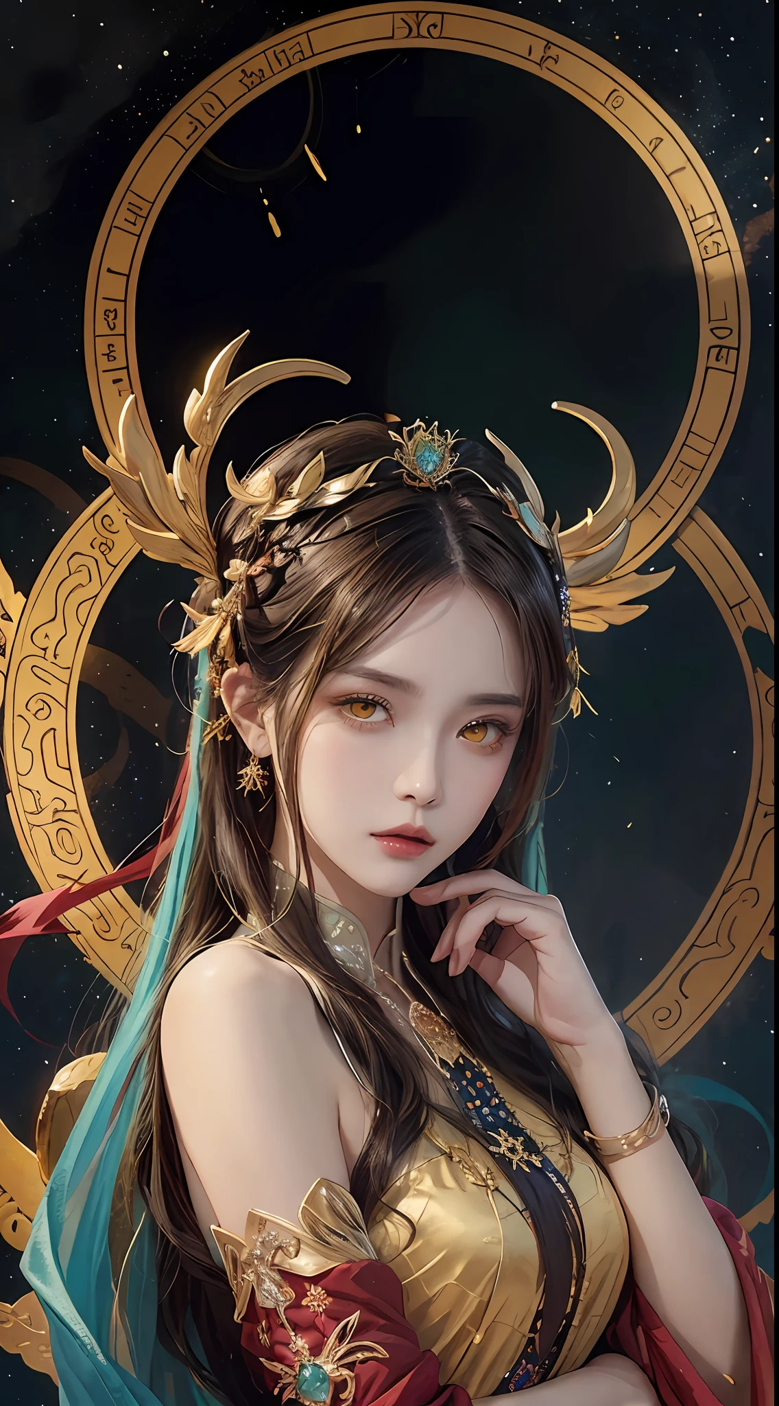 A 27-year-old girl in her hand holds an ancient pixie, a zodiac goddess from the future with a pixie, the goddess of the 12 zodiac signs of pink and purple, the goddess of the 12 zodiac signs in yellow ao dai, Ao Dai 12 zodiac with many details in black lace, mythical goddess of the 12 zodiacs with a pixie from the future, zodiac , luxury sparkling zodiac style, dark version and mystery, zodiac crown, vermilion lips, thin and pretty lips, A smile that captivates viewers, characters created by karol bak and pino daeni, intricate details, detailed backgrounds, extremely detail, light magic, a woman, clear face, look at the face of the goddess of the zodiac, look at the face of the goddess of the zodiac, long hair with bangs, beautiful face in detail and balanced eyes, (transparent yellow eyes: 1.8), big round eyes and very nice and detailed makeup, foresight, silk dress, mysterious makeup, side bangs and dyed light blonde, part on the body, the upper part of the goddess of the zodiac, her arms hanging down, (the pixie: 1.8), realistic and vivid image, (the stars that make up the zodiac: 1.7), (the heavenly background zodiac: 1.8), fiction art, RAW photos, chinese hanfu photos, best photos, best photo quality, 8k quality, super 8k, surreal, most economical real photos, goddess art portrait Zodiac,
