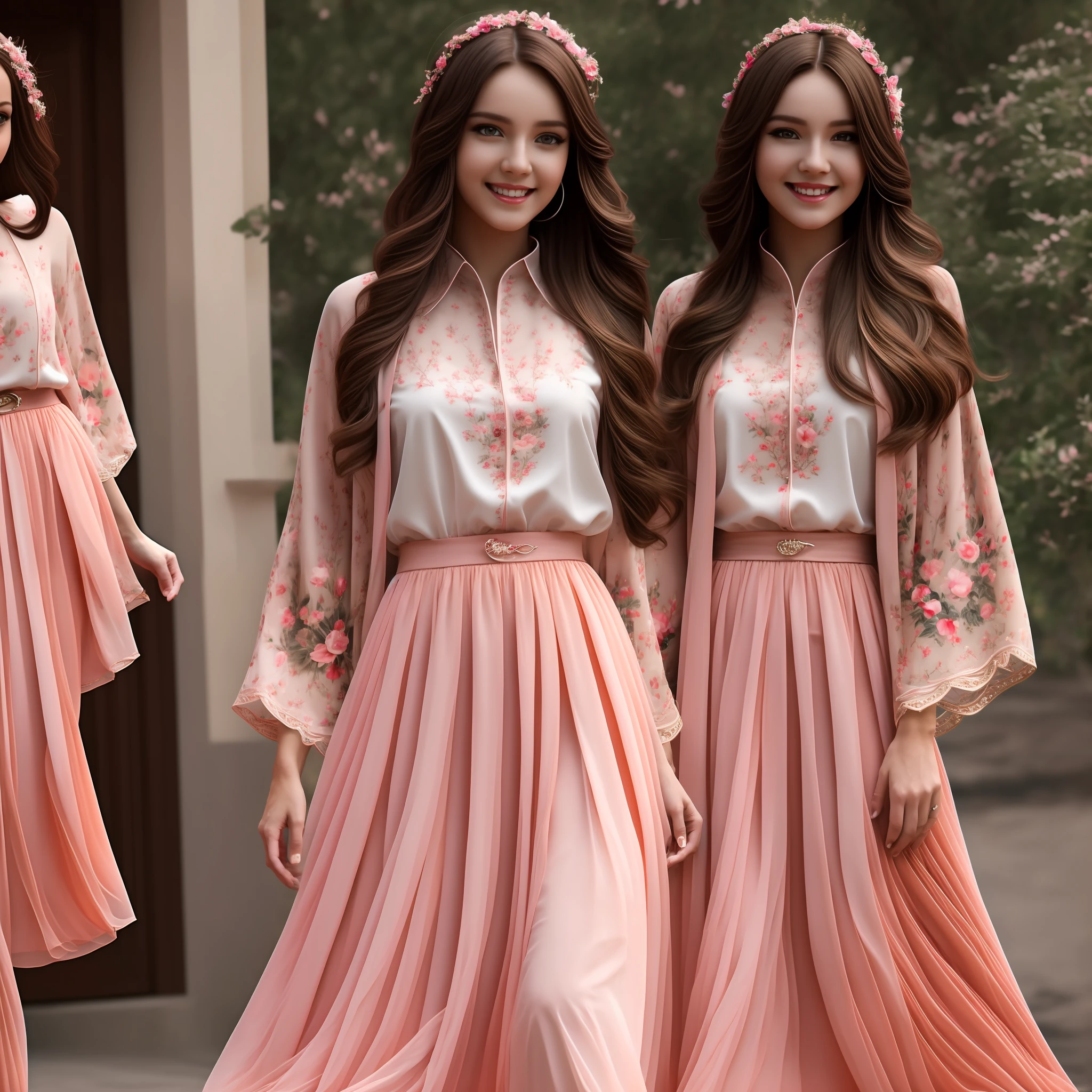masterpiece, (best quality), many women, millions of identical women, many girls, many sisters in a row, identical sisters, clones, brown hair, long hair, matching hairstyles, hazel eyes, pink dress, medium breasts, matching outfits, sexy woman, smile, hair between eyes, long sleeves,closed clothes, embarrassed,blush,  skirt, vibrant colors ,natural lighting  ,RTX, beautiful, (detailed face:1.2), showcase, (perfect eyes:1.1) ,(photorealistic:1.1), 8k uhd,  looking at viewer, outdoors, simple backround, fully body, bare legs, black high heels, strutting in lockstep --auto