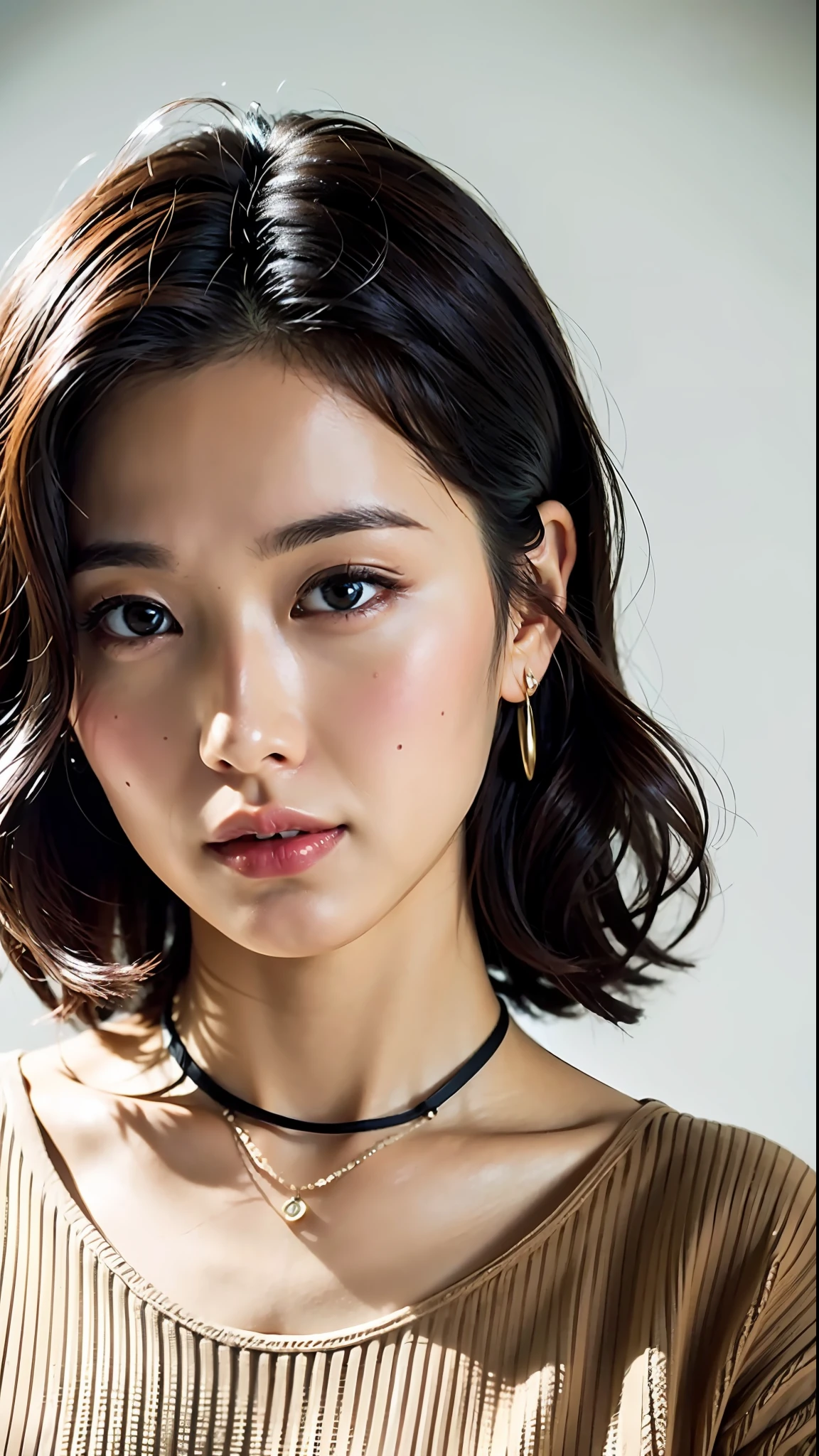 (Best quality, 8k, 32k, Masterpiece, UHD:1.2), Photo of Pretty Japanese woman, slender, small breasts, chignon bob hair, upper body,face focus,oversized_sweater, necklace, simple background, from above, looking at viewer,