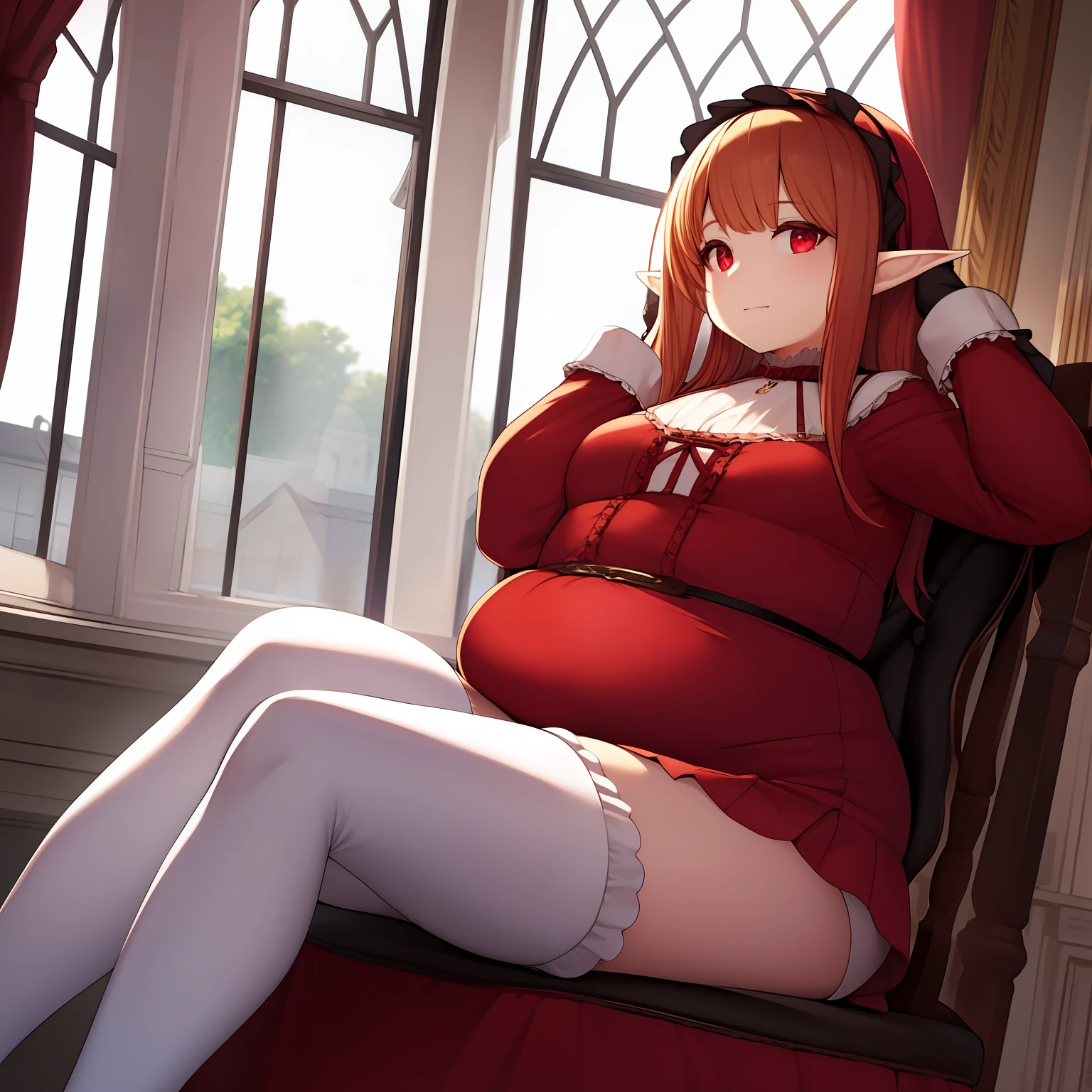 high quality, high resolution, obese, noblewoman, sitting by window, small chest, red hair, vampire, pale skin, shortstack, elf ears, dignified, haughty, gothic lolita,