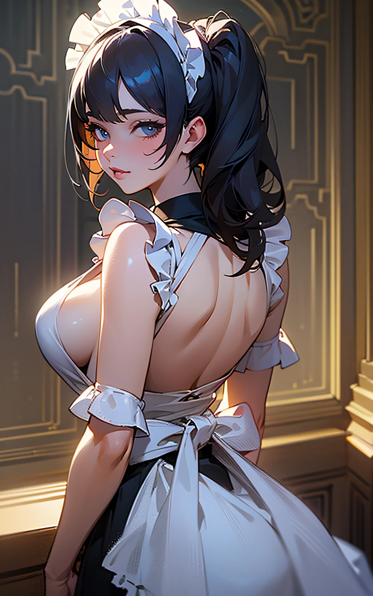 (Original Character、Unity 16K Wallpaper, Masterpiece, Best Quality, Ultra-Detailed, Extremely Detailed CG, Caustics, Cinematic Lighting, Detailed, Beautiful Detailed Eyes, solo,sexy women), Ultra High Resolution, fine skin, (maid, maid apron, maid headdress), (strong light)、oily skin,curby:1.2,,sexy women,little devil face,large breasts, back shot,outdoor,full shot