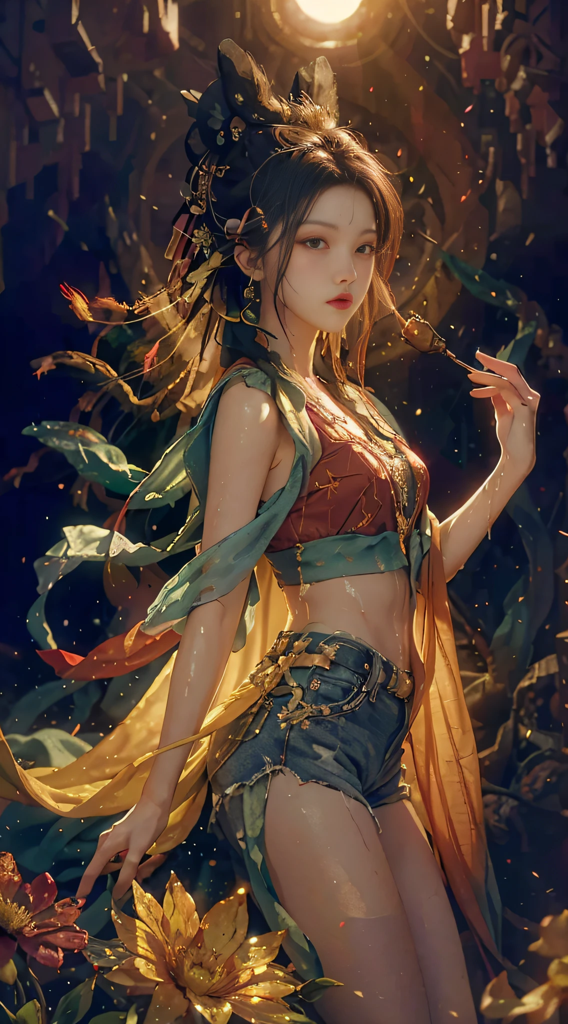 (Wet Clothes: 1.1), (Street: 1.3), Shorts: 1.1, Photos of Vast Landscapes, (From below, Sky above, Open Field Below), A Girl Standing on a Flower Field Looking Up, (Full Moon: 1.2), (Meteor: 0.9), (Nebula: 1.3), Far Mountains, Trees BREAK Making Art, (Warm Light Source: 1.2), (Firefly: 1.2), Lights, Lots of Purple and Orange, Intricate Details, Volume Lighting BREAK (Masterpiece: 1.2), (Best Quality), 4K, Ultra Detailed, (Dynamic Composition: 1.4), Detailed, Colorful, (Iridescent: 1.2), (Glow, Atmospheric Lighting), Dreamy, Fantastic, (Solo: 1.2)