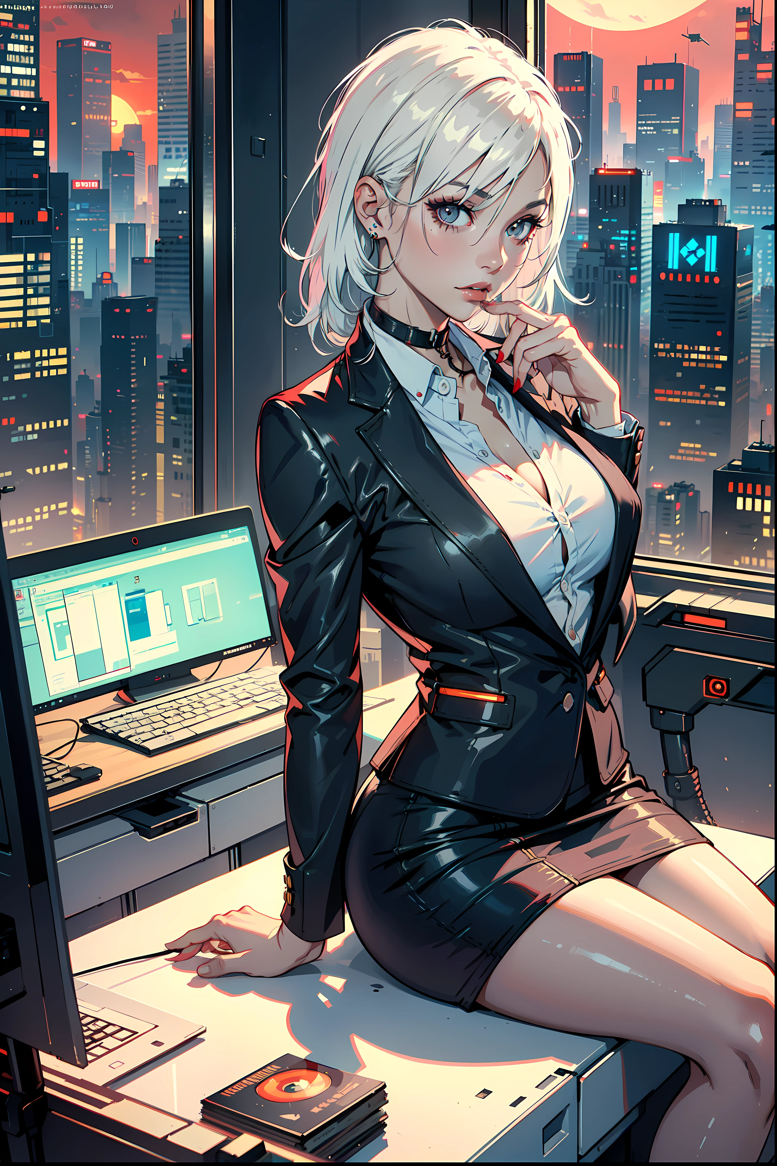 (masterpiece:1.3), (8k, photorealistic, RAW photo, best quality: 1.4), (1girl), beautiful face, (realistic face), Nice hairstyle,Realistic Eyes,Nice detail eyes,(Realistic Skin),Beautiful Skin,Ridiculous,attractive,Ultra high Resolution,an ultra realistic,RAWExtremely detailed,golden proportions, Woman wearing business outfit, formal blazer, white blouse, high waist business skirt, beautiful, masterpiece, best quality, perfect lighting, (white hair:1.4), long hair, (grey eyes:1.2), slender build, thin, medium breasts, business woman, ceo, sitting in luxurious black office chair, giant modern window with view of dusk cyberpunk city skyline in background, torso shot, dusk, (cyberpunk city background:1.3), (Hazy sky:1.2), (Dim red sun:1.3), eyelashes, dark eyeliner, cyberpunk, older, sleek modern-futuristic office