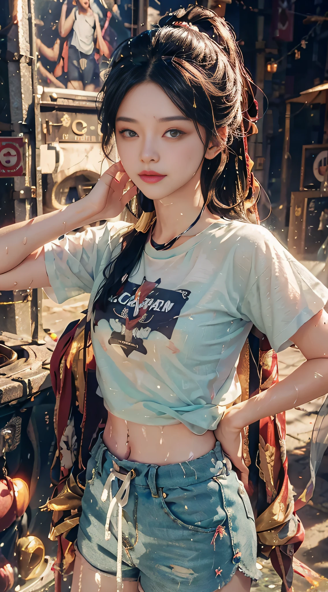 (masterpiece, sidelighting, finely detailed beautiful eyes: 1.2), masterpiece*portrait, realistic, 3d face, glowing eyes, shiny hair, shiny skin, solo, looking at the audience, t-shirt, shorts (wet clothes: 1.1), (street: 1.3), shorts: 1.1,