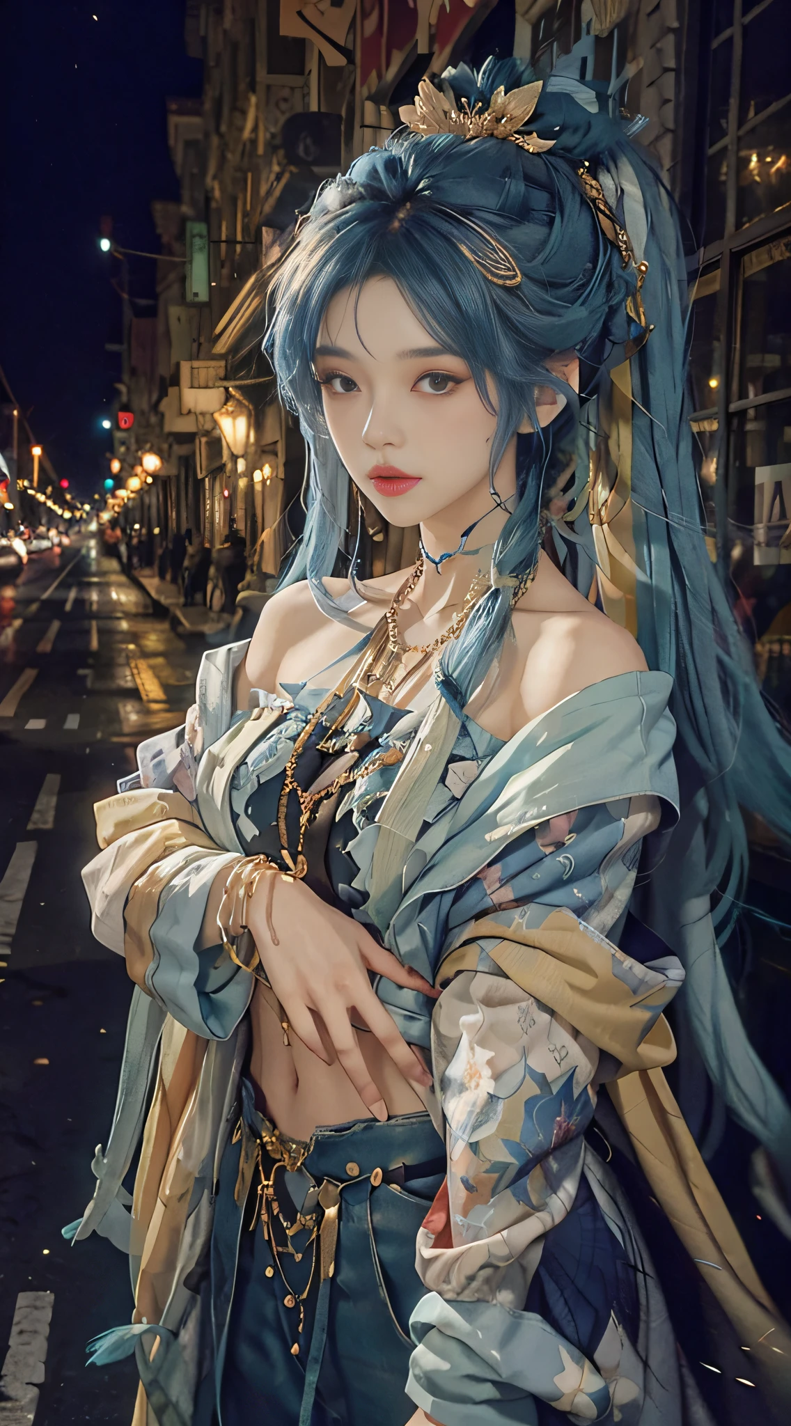 1 girl, hoodie, blue hair, extra long hair, off-the-shoulder, feather hair ornament, headphones around the neck, city, night, outdoors