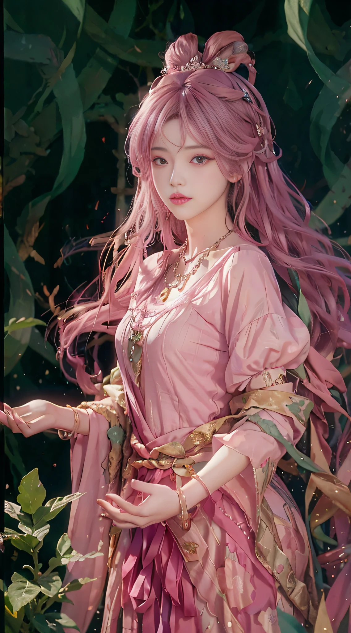 (absurdres, highres, ultra detailed), 1girl, solo, mature, (very long hair, pink hair), Baroque, Necklace, long dress, long sleeve, elegant, colorful, highest detailed, upper body, outdoors, garden