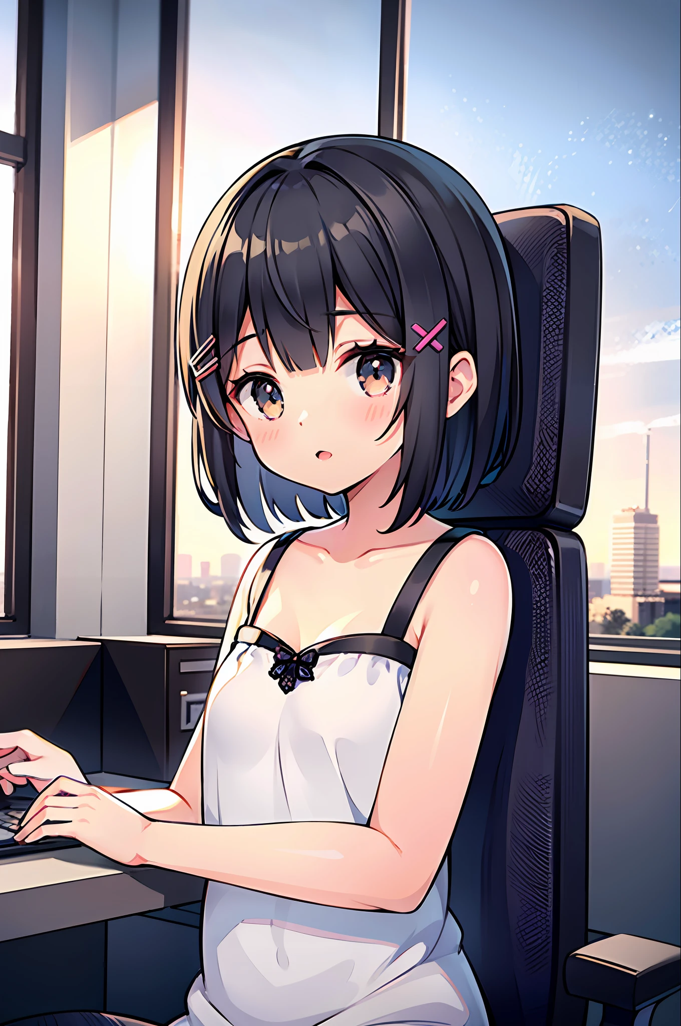 Best Quality, Ultra High Definition, 16 year old girl 1, short hair, dark hair, hair ornament, indoors, office, using computer