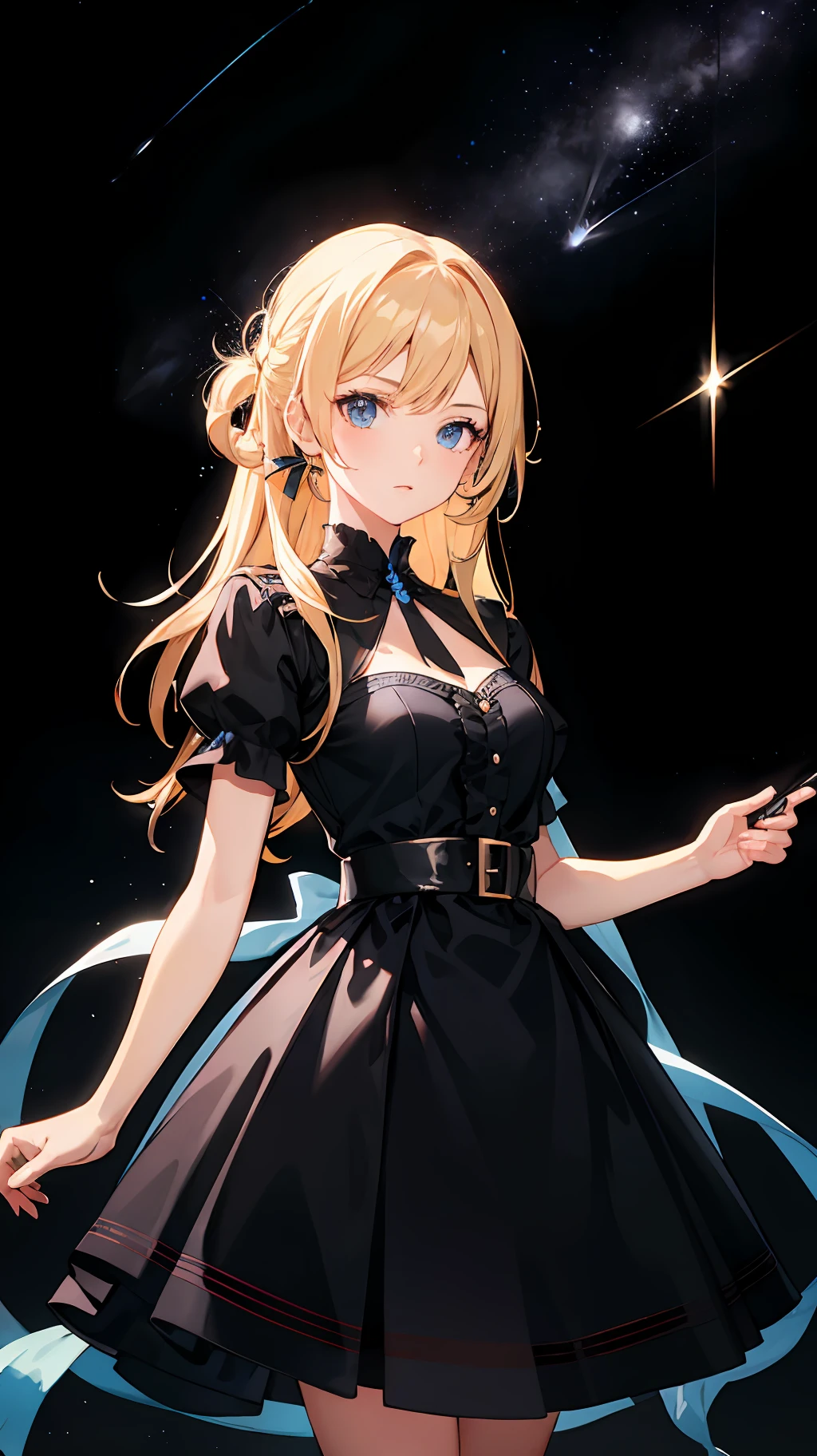 Wallpaper, highly detailed, best quality, 1girl, long hair, highlighted eye, dress, black background, shooting stars, light coming from background,