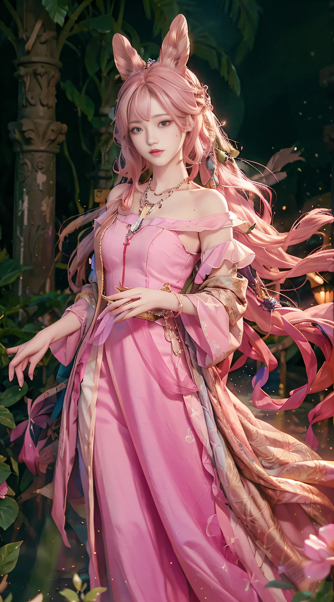 (absurdres, highres, ultra detailed), 1girl, solo, mature, (very long hair, pink hair), Baroque, Necklace, long dress, long sleeve, elegant, colorful, highest detailed, upper body, outdoors, garden