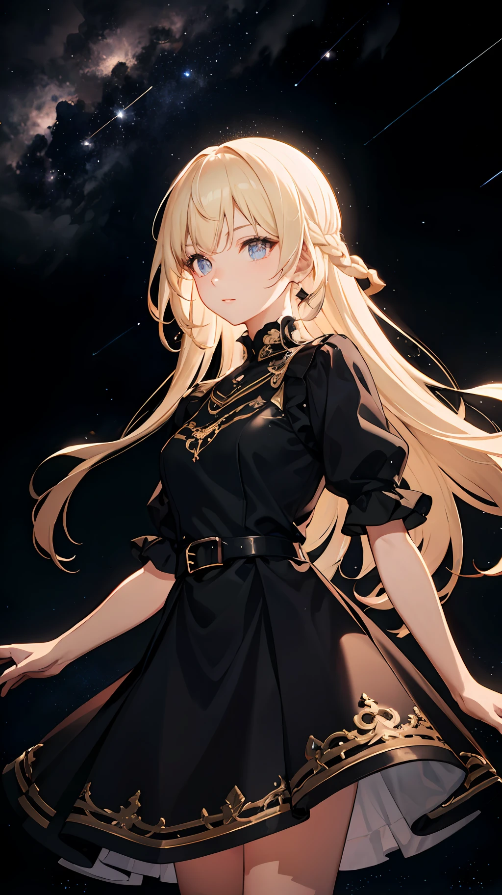 Wallpaper, highly detailed, best quality, 1girl, long hair, highlighted eye, dress, black background, shooting stars, light coming from background,