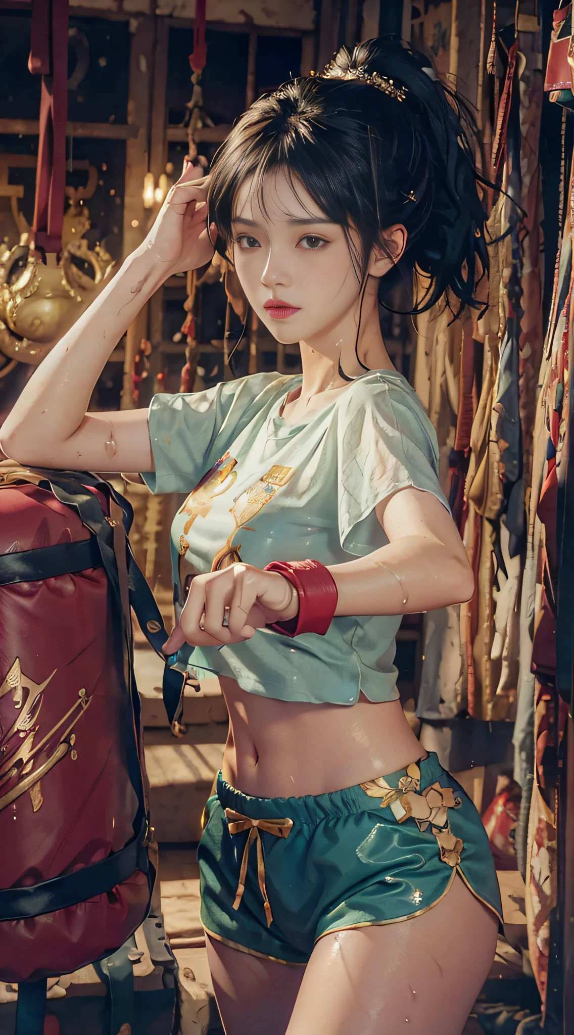 (wet clothes: 1.1), (street: 1.3), shorts: 1.1, highly detailed face and skin textures, masterpiece, top quality, (realistic, realistic: 1.4), (RAW photo: 1.2), very delicate CG Unity 8K wallpaper, very delicate beautiful, wonderful, boxing poses, attention to detail, official art, absurdity, incredible absurdity, huge file size, very fine, very delicate, beautiful eyes and faces, beautiful delicate eyes, light on the face, A girl, ponytail, (pompom) navel, half, PE uniform short sleeve crop top t-shirt, boxing gloves, bare arms, bangs, boxing gym, boxing ring, ULZZANG-6500-v1.1