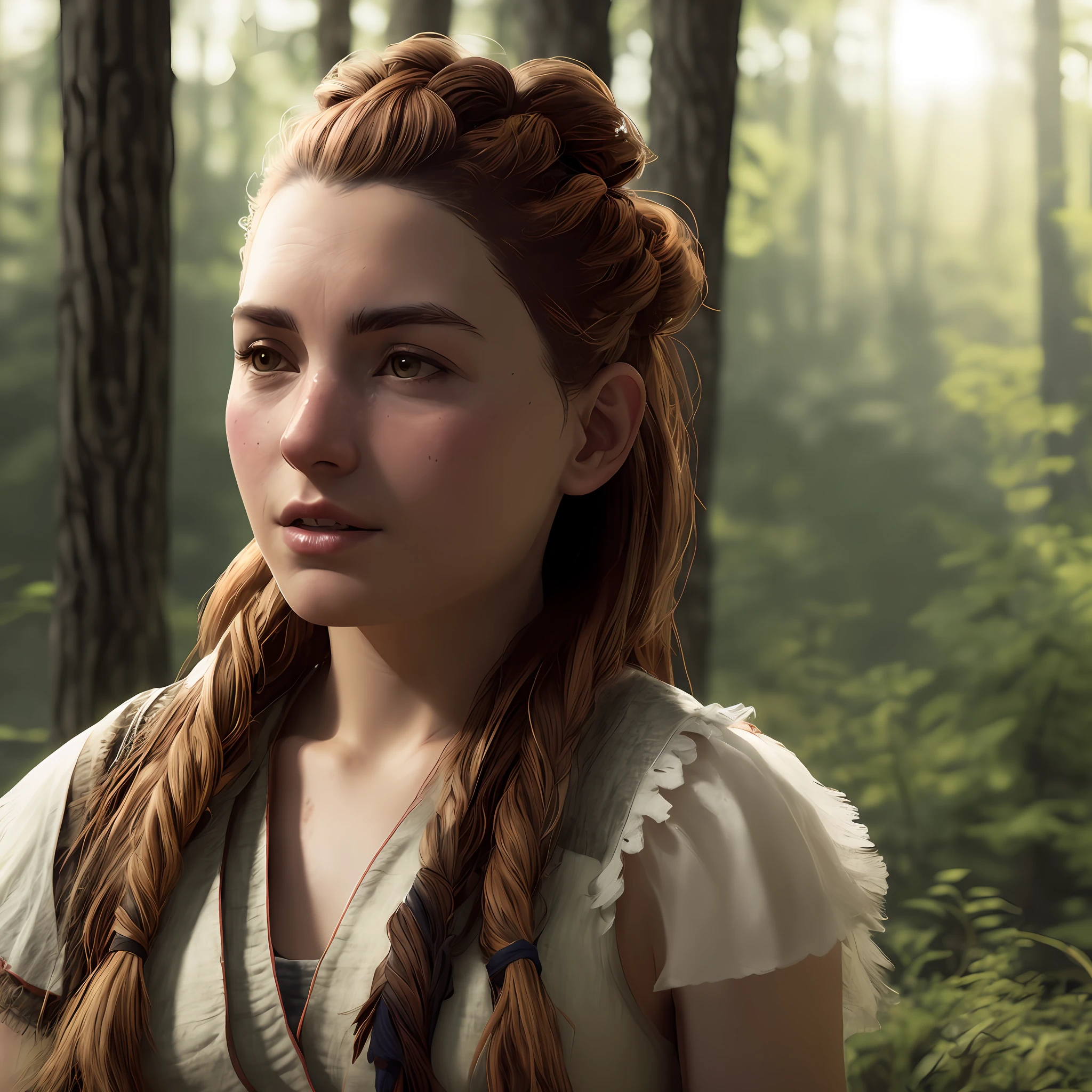 photo of aloy in forest, holding bow, masterpiece, best quality, highest quality, cinematic lighting, (volumetric lighting), extremely detailed CG unity 8k wallpaper, focused, 8k wallpaper, 4k wallpaper, extremely detailed, ultra realistic, photorealistic, sharp focus, HDR, (high contrast), photograph, detailed and intricate, instagram, portrait, highly detailed, sharp focus, illustration, cinematic lighting