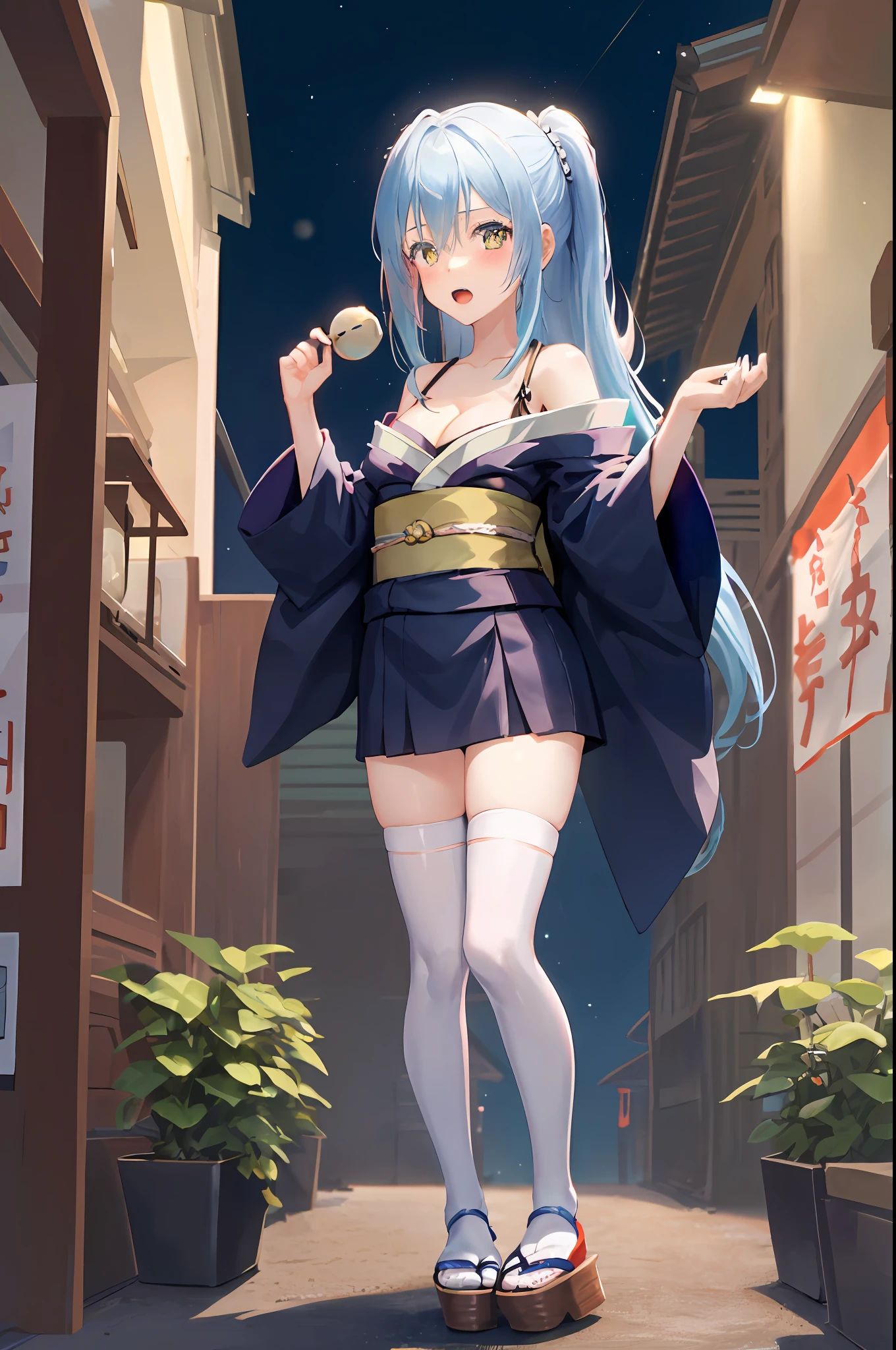 Rimuru tempest, 1girl, solo, cute kimono, wooden sandals, black thighhighs, medium breast, cleavage, japan akihabara, night view, hair between eyes, long hair, looking at viewer, light blue hair, blue short nails, solo, thighhighs, thighs, ((masterpiece)), standing, sexy pose, blush, shy, show teeth,