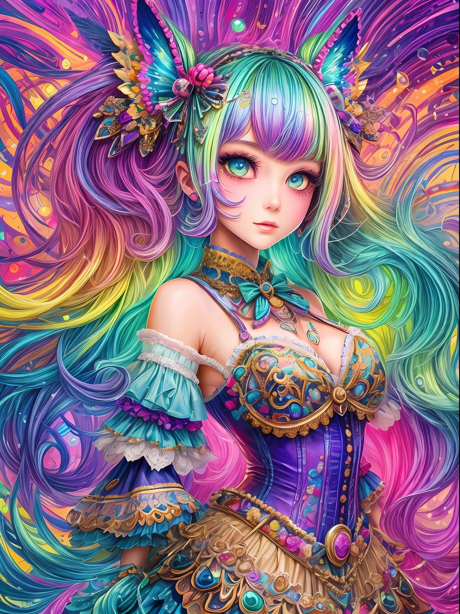 This artwork should be colorful and evoke feelings of euphoria and ecstasy. Generate a beautiful woman with a mature and highly interesting face. The woman should be dressed in the style of Harajuku decora fashion. There are many intricate and highly detailed decora fashion accents. Clothing should be ornate and extravagant. Consider influences from Lisa Frank's artwork and colors. Include many awe-inspiring fantasy elements. Include phantasmal iridescence, crystals, bumps, and rainbow color that drips like paint. The overall feeling of this artwork should be happiness and excitement.