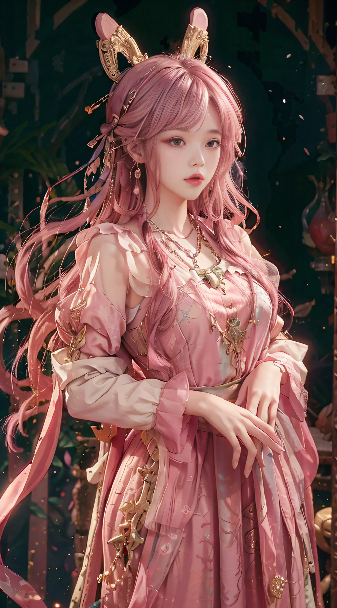 (absurdres, highres, ultra detailed), 1girl, solo, mature, (very long hair, pink hair), Baroque, Necklace, long dress, long sleeve, elegant, colorful, highest detailed, upper body, outdoors, garden