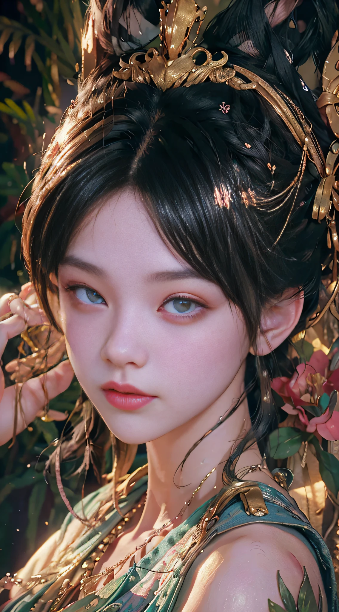 ChromaV5, nvinkpunk,(extremely detailed CG unity 8k wallpaper), An Landscape of a majestic jungle surrounded by lush pink foliage, award winning photography, Chromatic Aberration, Detailed , HDR, Bloom,majestic oil painting by , Thomas Cole, Frederic Church, and Albert Bierstadt ,trending on artstation, trending on CGsociety, Intricate, High Detail, dramatic, art by midjourney, ulzzang-6500-v1.1,(raw photo:1.2), (photorealistic:1.4), beautiful detailed girl, extremely detailed eyes and face, beautiful detailed eyes,absurdres, incredibly absurdres, huge filesize , ultra-detailed, highres, extremely detailed,best quality ,masterpiece, illustration, an extremely delicate and beautiful, extremely detailed ,CG ,unity ,8k wallpaper, Amazing, finely detail, masterpiece,best quality,official art,extremely detailed CG unity 8k wallpaper, light on face, cinematic lighting