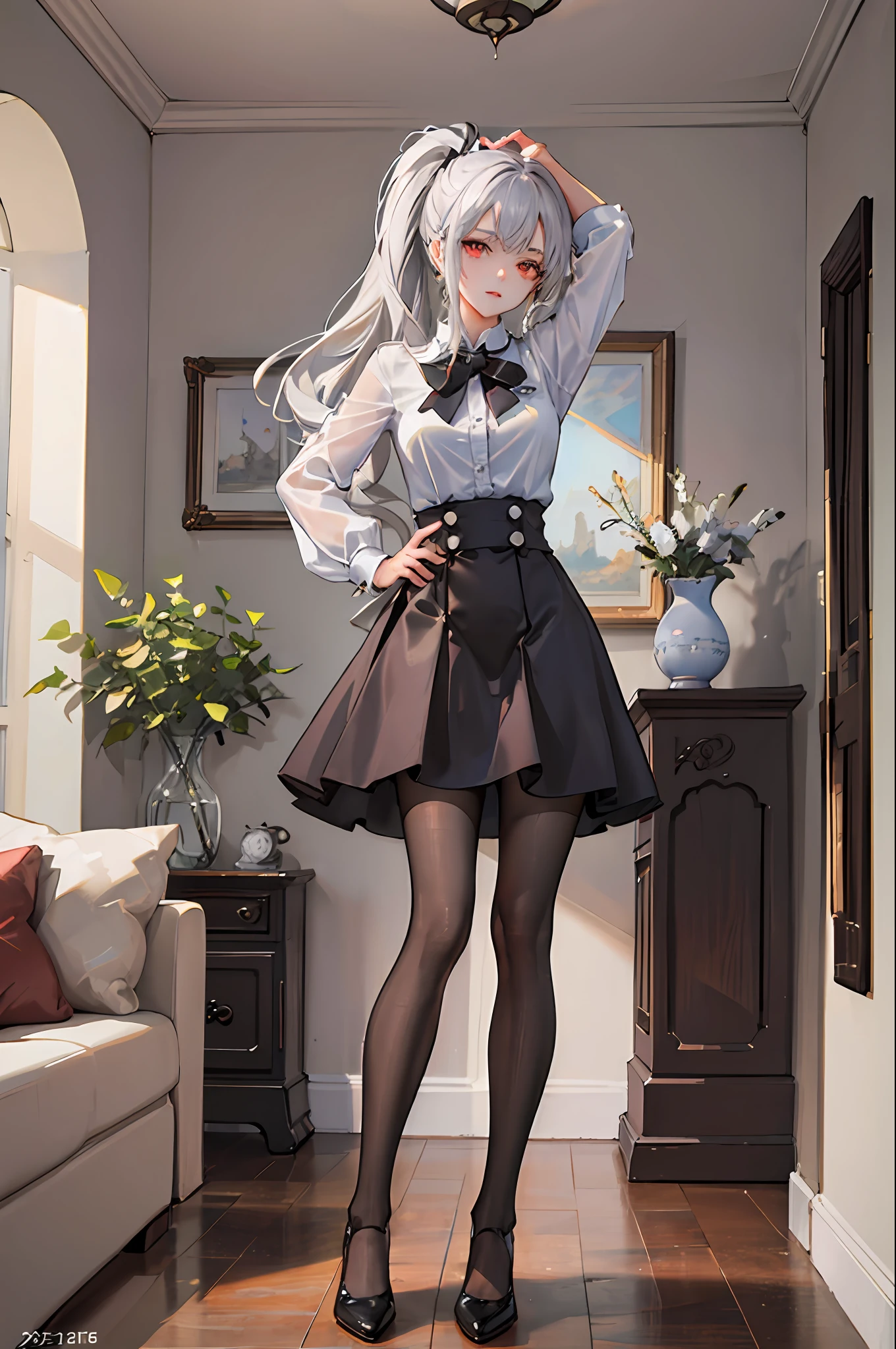 1 girl! Ray tracing, best shadows, high resolution (dim lighting) detailed background (living room) fluffy silver hair, plump and slender girl, high ponytail in the ominous living room avoiding golden eyes (girl wearing white shirt, black wrinkled skirt, with white transparent pantyhose), showing a delicate slim figure and graceful curves, the position is correct and reasonable limbs! Put your hands behind your head, stand dignified, facial details! Delicate facial features, pay attention to the position details of the legs! Pay attention to hand details! High quality! More eligible! Reduce mistakes! The painting is more fine, ultra-detailed CG, and the picture is more reasonable! Pay attention to finger details! 8k wallpapers, masterpieces, double eye details! Reduce binocular differences! Limit the number of fingers!