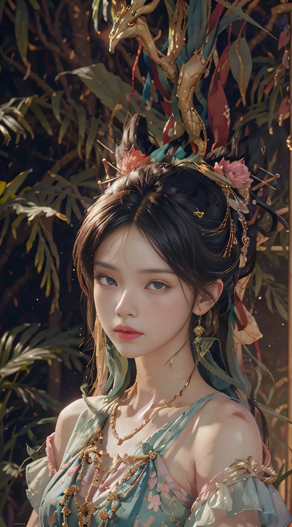 ChromaV5, nvinkpunk,(extremely detailed CG unity 8k wallpaper), An Landscape of a majestic jungle surrounded by lush pink foliage, award winning photography, Chromatic Aberration, Detailed , HDR, Bloom,majestic oil painting by , Thomas Cole, Frederic Church, and Albert Bierstadt ,trending on artstation, trending on CGsociety, Intricate, High Detail, dramatic, art by midjourney, ulzzang-6500-v1.1,(raw photo:1.2), (photorealistic:1.4), beautiful detailed girl, extremely detailed eyes and face, beautiful detailed eyes,absurdres, incredibly absurdres, huge filesize , ultra-detailed, highres, extremely detailed,best quality ,masterpiece, illustration, an extremely delicate and beautiful, extremely detailed ,CG ,unity ,8k wallpaper, Amazing, finely detail, masterpiece,best quality,official art,extremely detailed CG unity 8k wallpaper, light on face, cinematic lighting