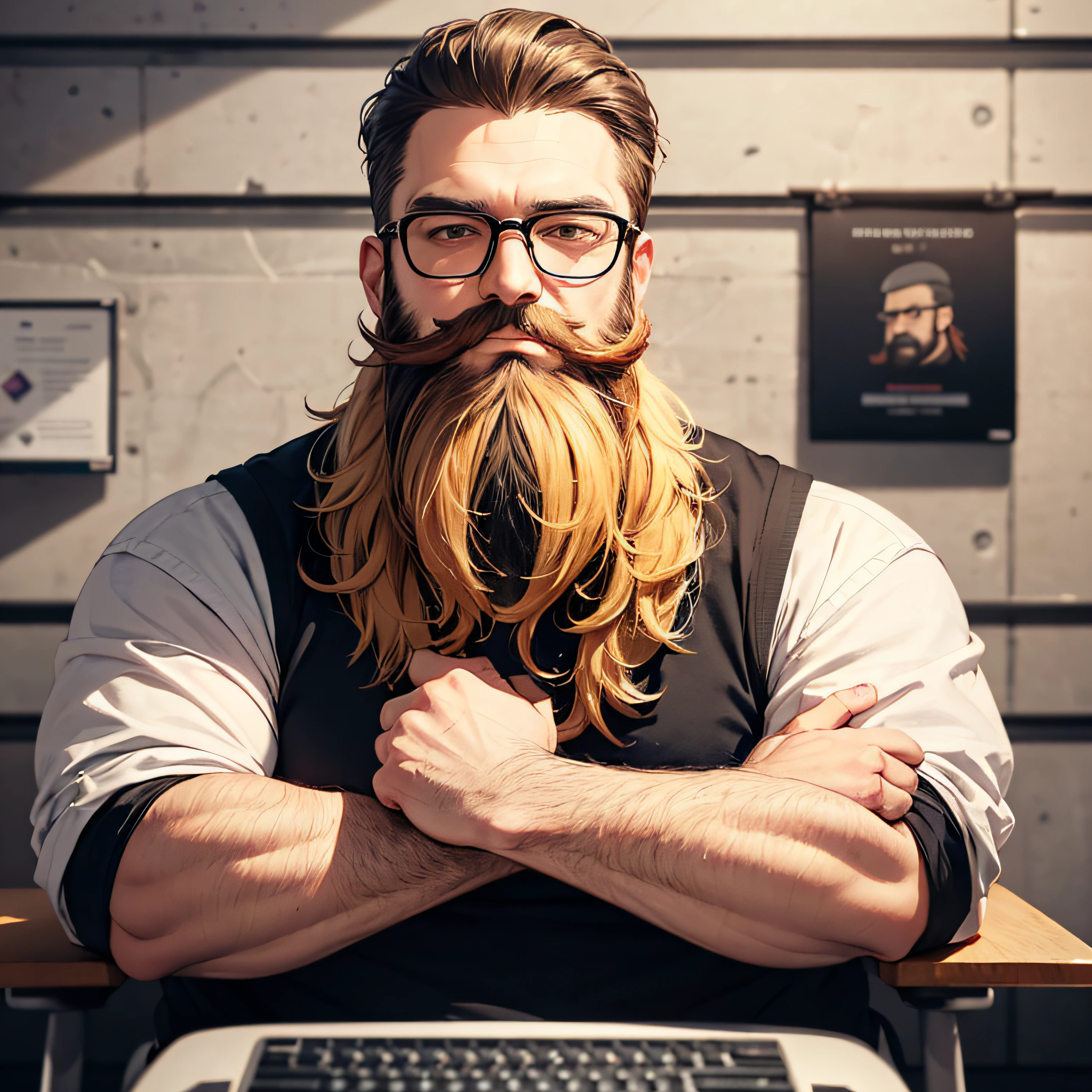 Arafed man with beard and glasses sitting in front of a wall, twitch streamer/gamer ludwig, full beard, some beard, taken in early 2020, loaded, beard on neck, high quality photo, HD, extra quality, thick beard highly detailed, twitch streamer, full beard, typical cryptocurrency nerd, big beard high quality portrait, blond --auto