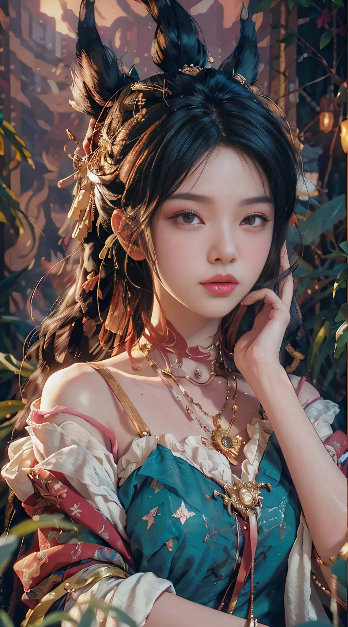 ChromaV5, nvinkpunk,(extremely detailed CG unity 8k wallpaper), An Landscape of a majestic jungle surrounded by lush pink foliage, award winning photography, Chromatic Aberration, Detailed , HDR, Bloom,majestic oil painting by , Thomas Cole, Frederic Church, and Albert Bierstadt ,trending on artstation, trending on CGsociety, Intricate, High Detail, dramatic, art by midjourney, ulzzang-6500-v1.1,(raw photo:1.2), (photorealistic:1.4), beautiful detailed girl, extremely detailed eyes and face, beautiful detailed eyes,absurdres, incredibly absurdres, huge filesize , ultra-detailed, highres, extremely detailed,best quality ,masterpiece, illustration, an extremely delicate and beautiful, extremely detailed ,CG ,unity ,8k wallpaper, Amazing, finely detail, masterpiece,best quality,official art,extremely detailed CG unity 8k wallpaper, light on face, cinematic lighting
