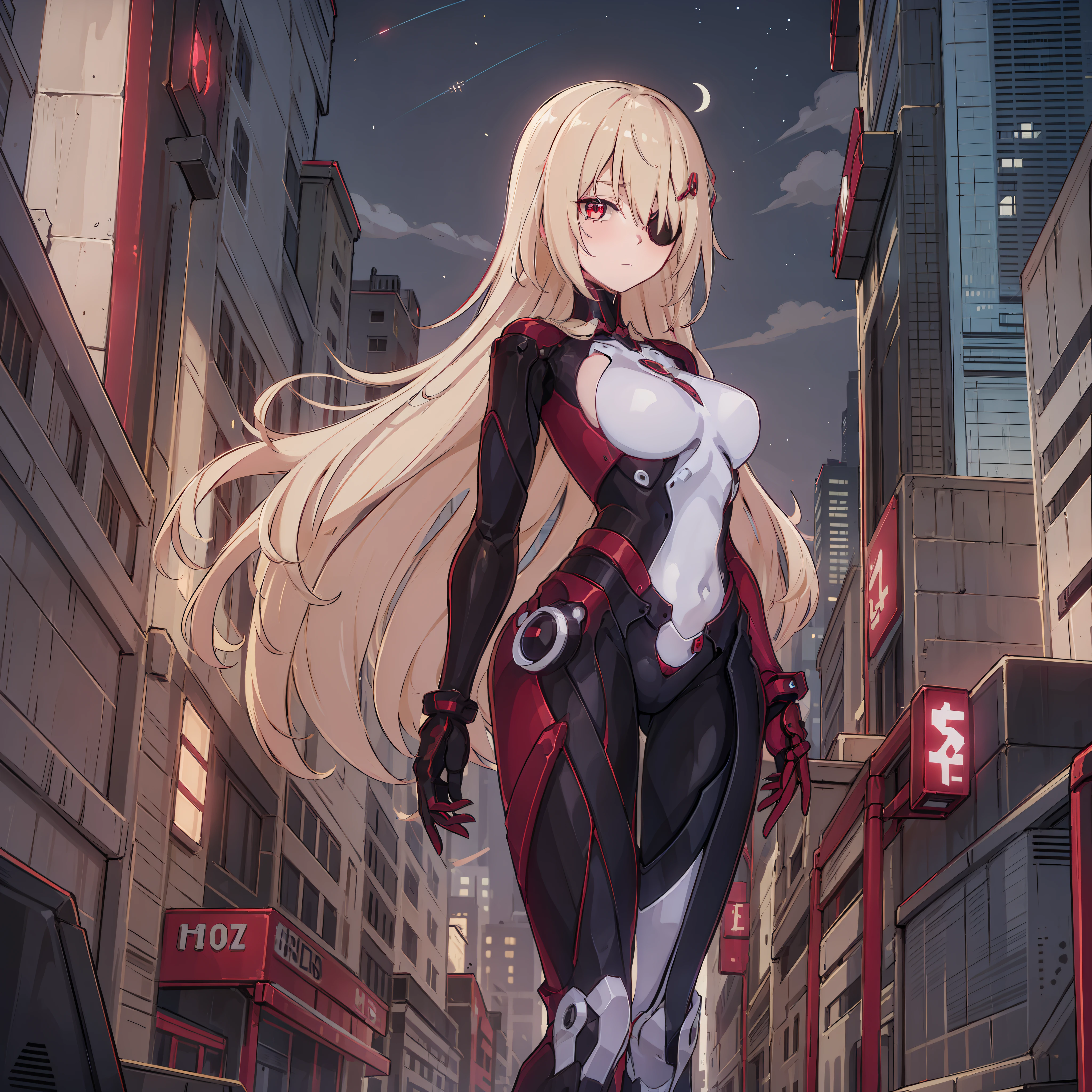 Nemesis\(ToF\), Age 30 years woman, Long blonde hair with pin doll, Wearing left eye patch, wearing a black red white bodysuit, high heels, red nails and eyes, facing back On the cyberpunk city, looking at viewer, sad, best quality, masterpiece, HD, Full Body, beautiful face, Night sky, variation angle