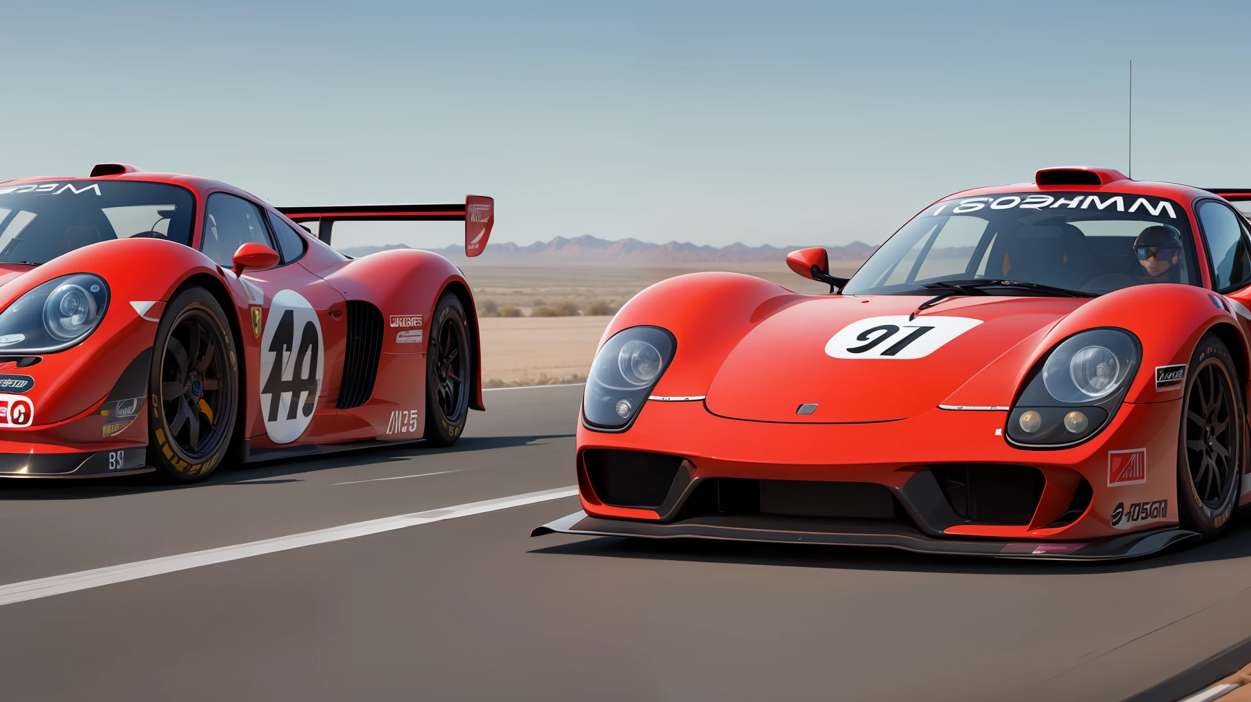 Porsche 917 with the new high-performance N concepts RM15 and N 2025 Vision Gran Turismo, as well as N Bobsleigh,photorealistic, ultra HD,desert scenery,apocalyptic