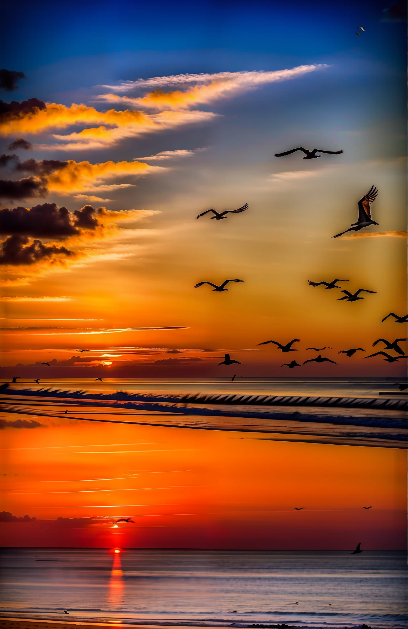An absolutely mesmerizing sunset over the beach, with a mix of oranges, pinks and yellows filling the sky. Crystal clear waters of the sea gently kissing the coast, with white sand beaches stretching far and wide. The scene is dynamic and breathtaking, with seagulls soaring high in the sky and gently swaying palm trees. Soak up the soothing atmosphere and let the tranquility overwhelm you.