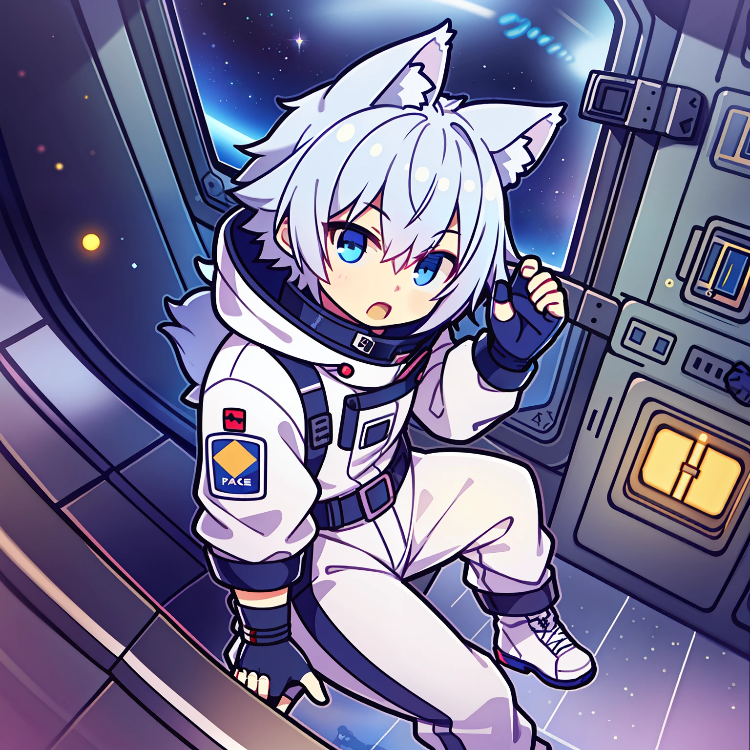 Game CG, Little Boy, Boy Sense, Anime Male Protagonist, Wolf Ears, Wolf Tail, Ski Goggles, Soldier, Pixiv, White and Blue Jumpsuit, White Fingerless Gloves, Combat Boots, Fist, Inside the Space Station, Night