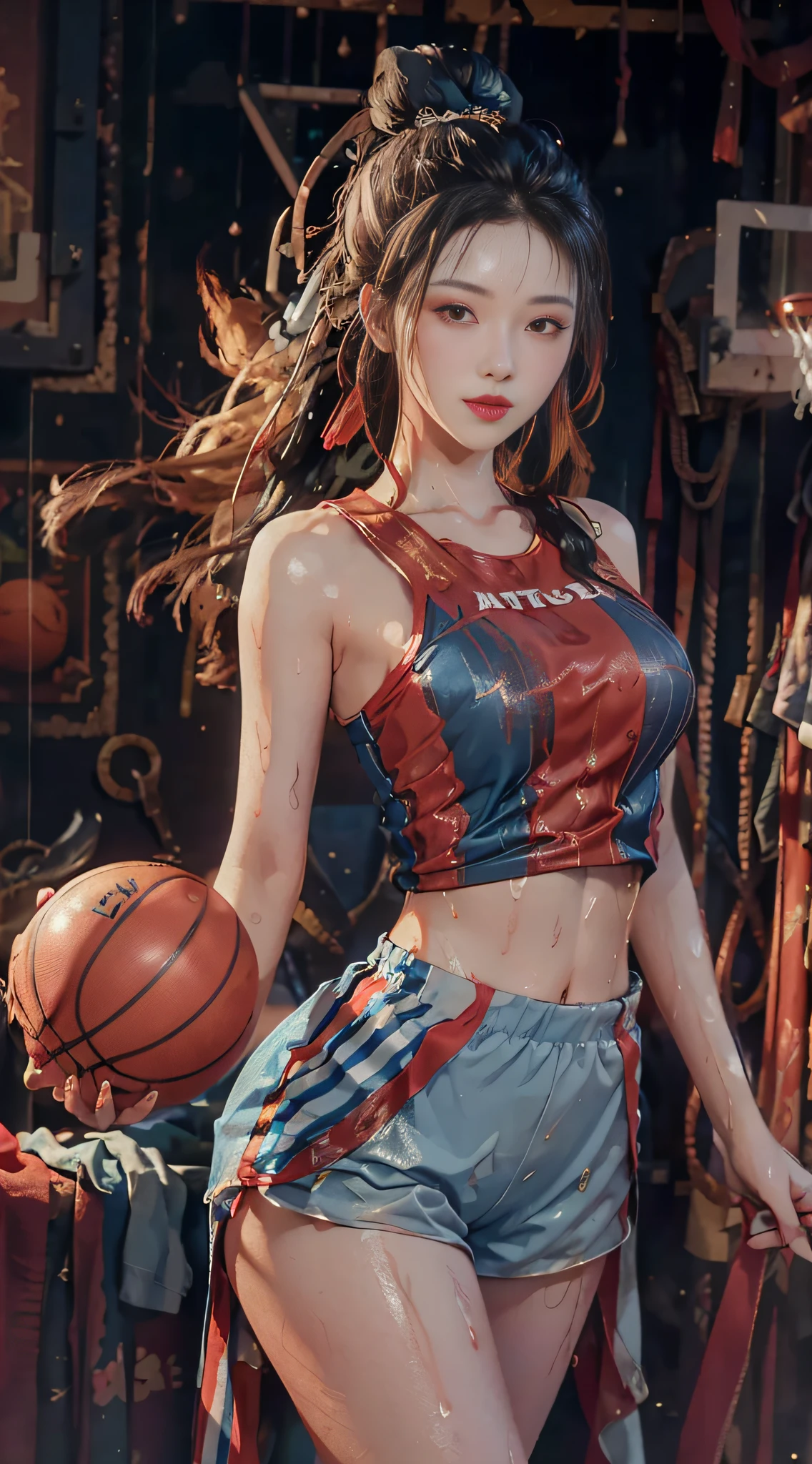 Masterpiece: 1.2, best quality), realistic, (real picture, rich details details, depth of field), (1girl, solo), smile, delicate facial features, makeup, high detail, perfect face shape, (big breasts: 1.4), ( skindentation ), thick thighs, wide hips, thin waist, tall, coral, red lips, red eyes, ponytail, ((basketball girl, transparent blue striped basketball suit)))), (sweat: 1.2), (wet), sexy, blushing, sweaty, (wet clothes: 1.1), (street: 1.3), shorts: 1.1, highly detailed face and skin texture,