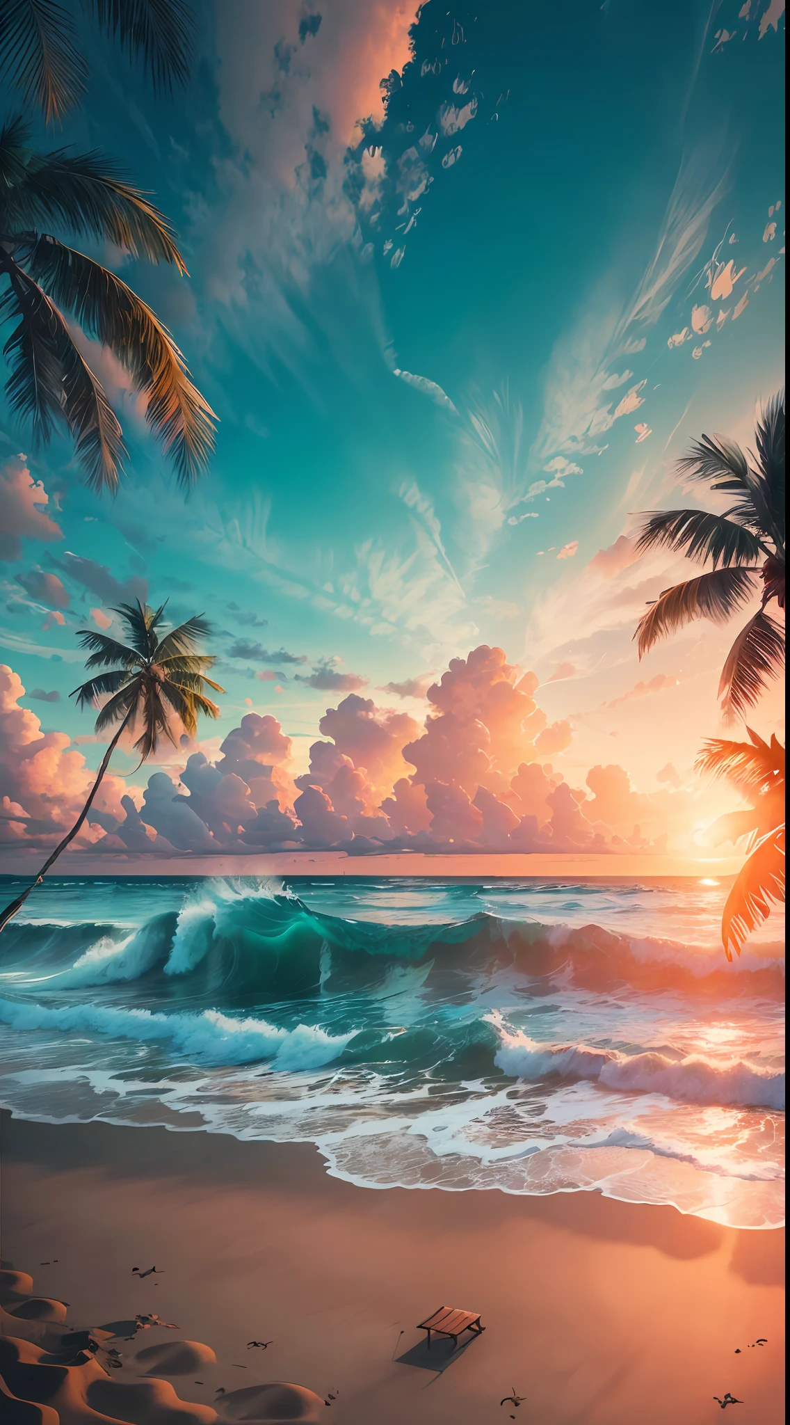 A painting of a beach with palm trees and waves - SeaArt AI