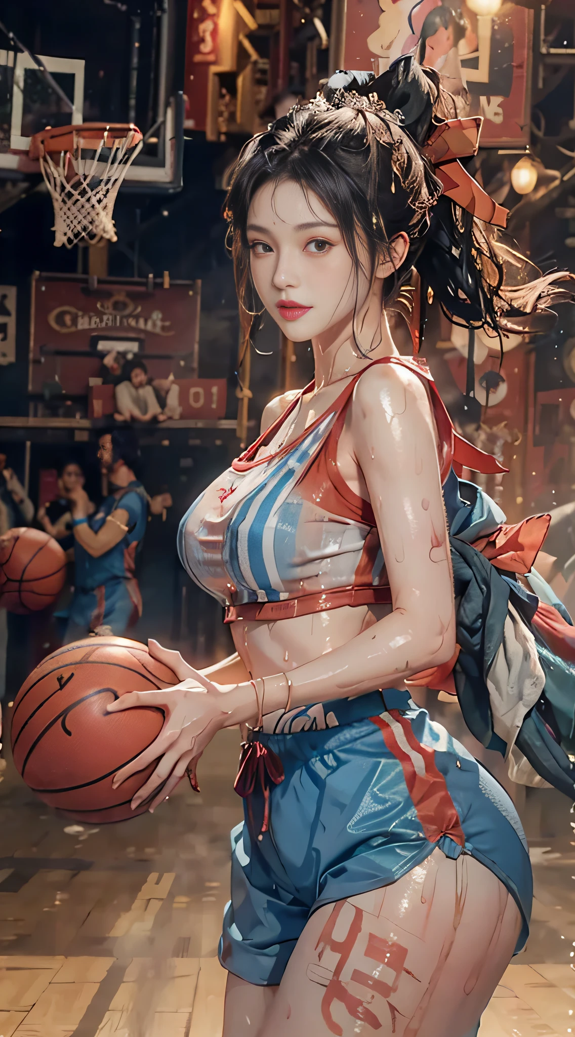 Masterpiece: 1.2, best quality), realistic, (real picture, rich details details, depth of field), (1girl, solo), smile, delicate facial features, makeup, high detail, perfect face shape, (big breasts: 1.4), ( skindentation ), thick thighs, wide hips, thin waist, tall, coral, red lips, red eyes, ponytail, ((basketball girl, transparent blue striped basketball suit)))), (sweat: 1.2), (wet), sexy, blushing, sweaty, (wet clothes: 1.1), (street: 1.3), shorts: 1.1, highly detailed face and skin texture,