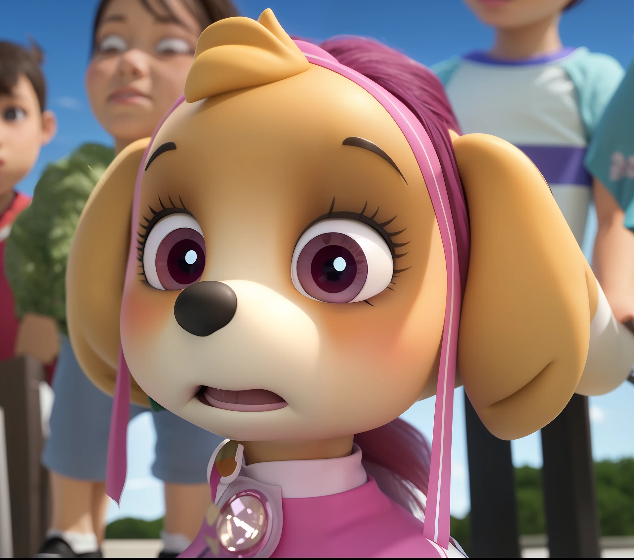 Humanization Skye, Skye looks like a cute little anime girl, peach-colored hair, hairstyle ponytails, human ears, cute human face with a small human nose, human cheeks and human lips, the skin is beautiful and white, with freckles, mouth open in surprise, looks surprised, 3D-rendering, hyperrealism