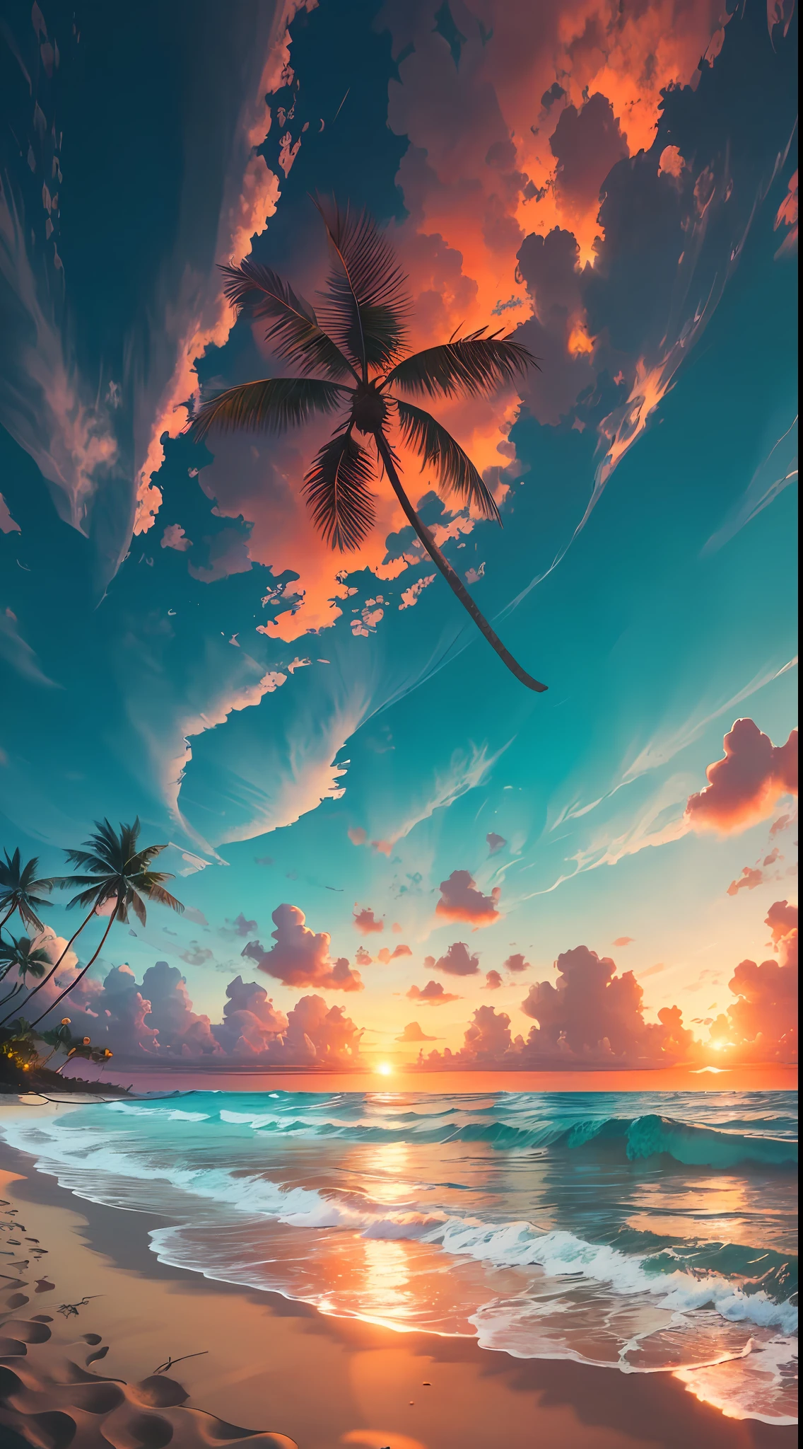 Create a 4K 9:16 image that depicts a stunning sunrise on a tropical beach, with gentle waves and palm trees along the coast. The color palette should be vibrant and convey a sense of renewal and positive energy. --auto --s2