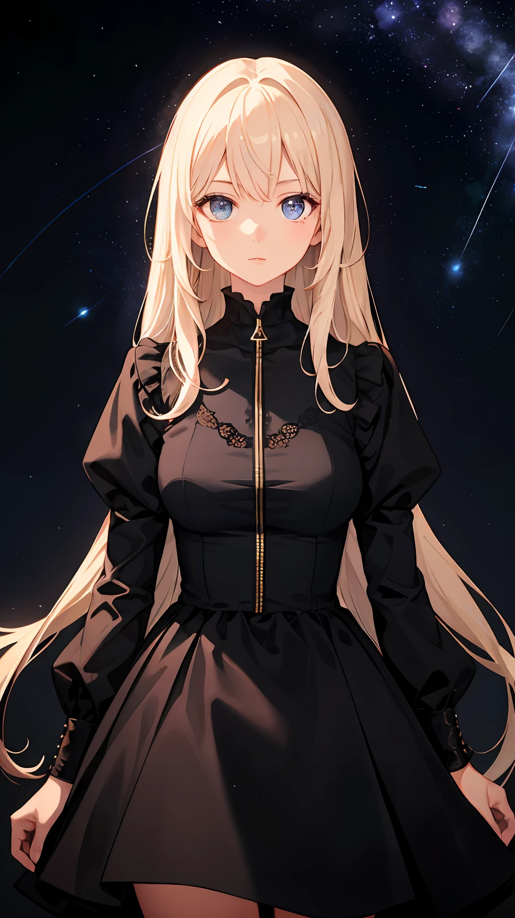 Wallpaper, highly detailed, best quality, 1girl, long hair, highlighted eye, dress, black background, shooting stars, light coming from background,