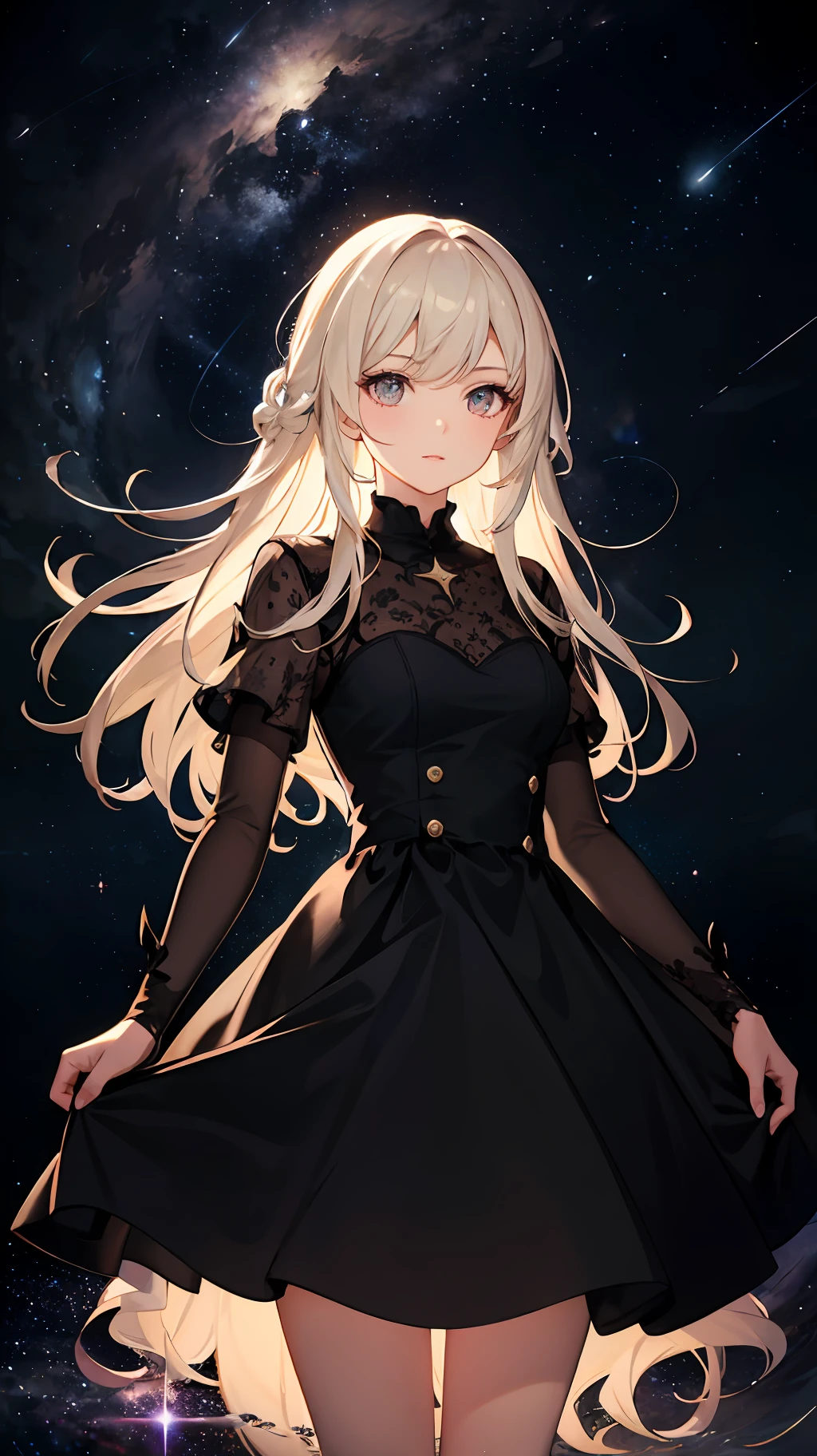 Wallpaper, highly detailed, best quality, 1girl, long hair, highlighted eye, dress, black background, shooting stars, light coming from background,