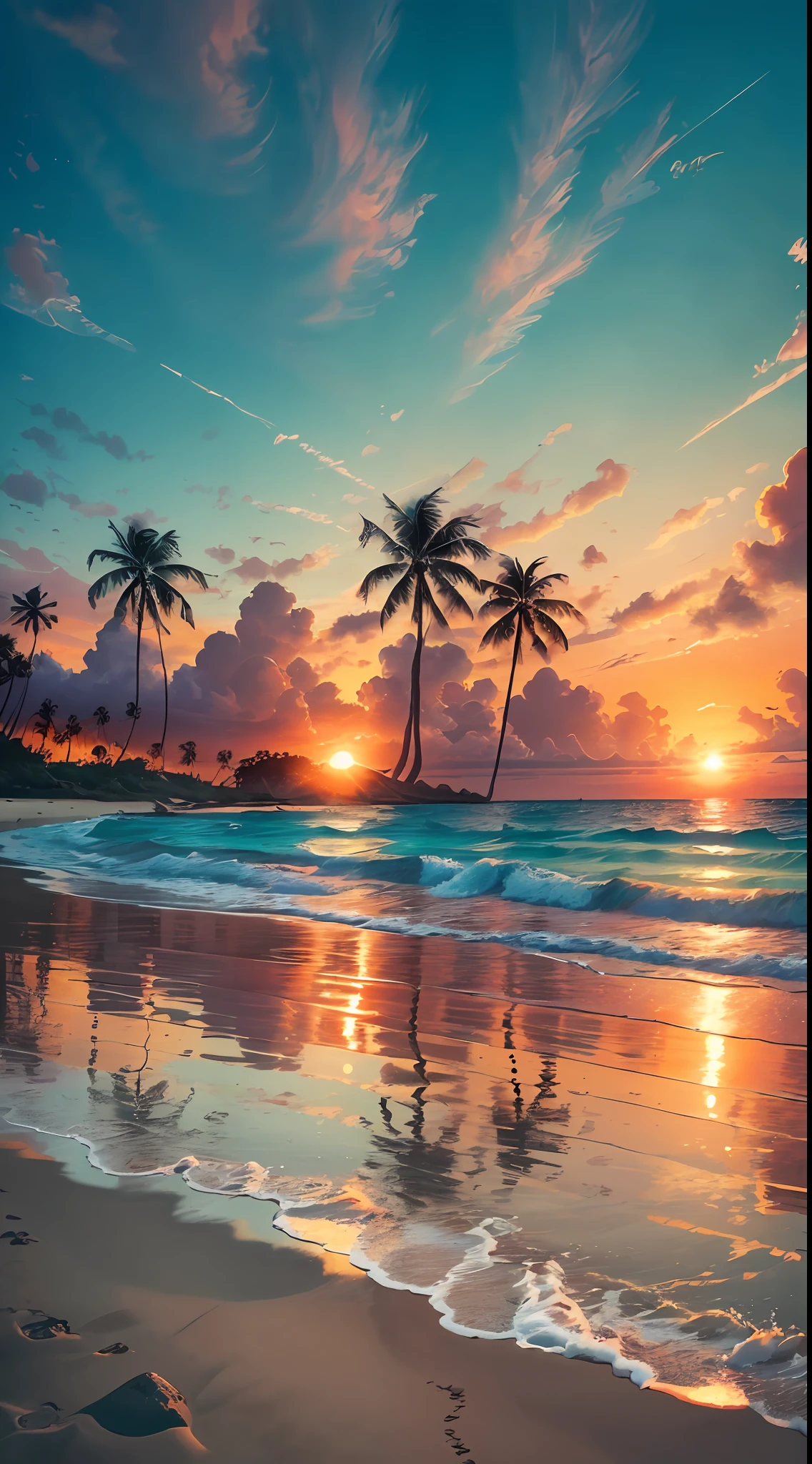 Create a 4K 9:16 image that depicts a stunning sunrise on a tropical beach, with gentle waves and palm trees along the coast. The color palette should be vibrant and convey a sense of renewal and positive energy. --auto --s2