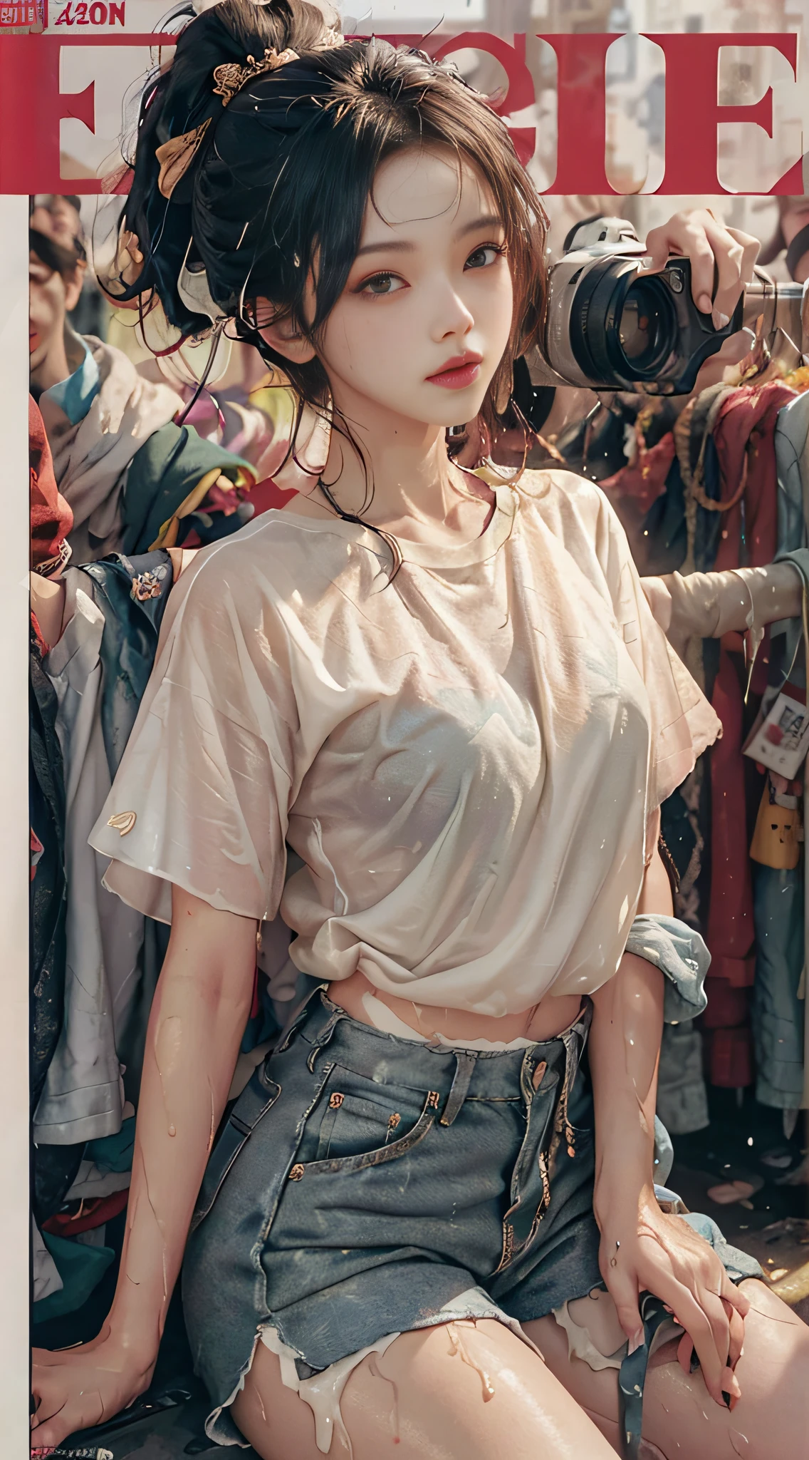 (wet clothes: 1.1), (street: 1.3), shorts: 1.1, highly detailed face and skin texture, narrow eyes, double eyelids, whitening skin, sweaty skin, wavy blonde, nylon t-shirt, punk girl, brunette hair, ((magazine cover)),