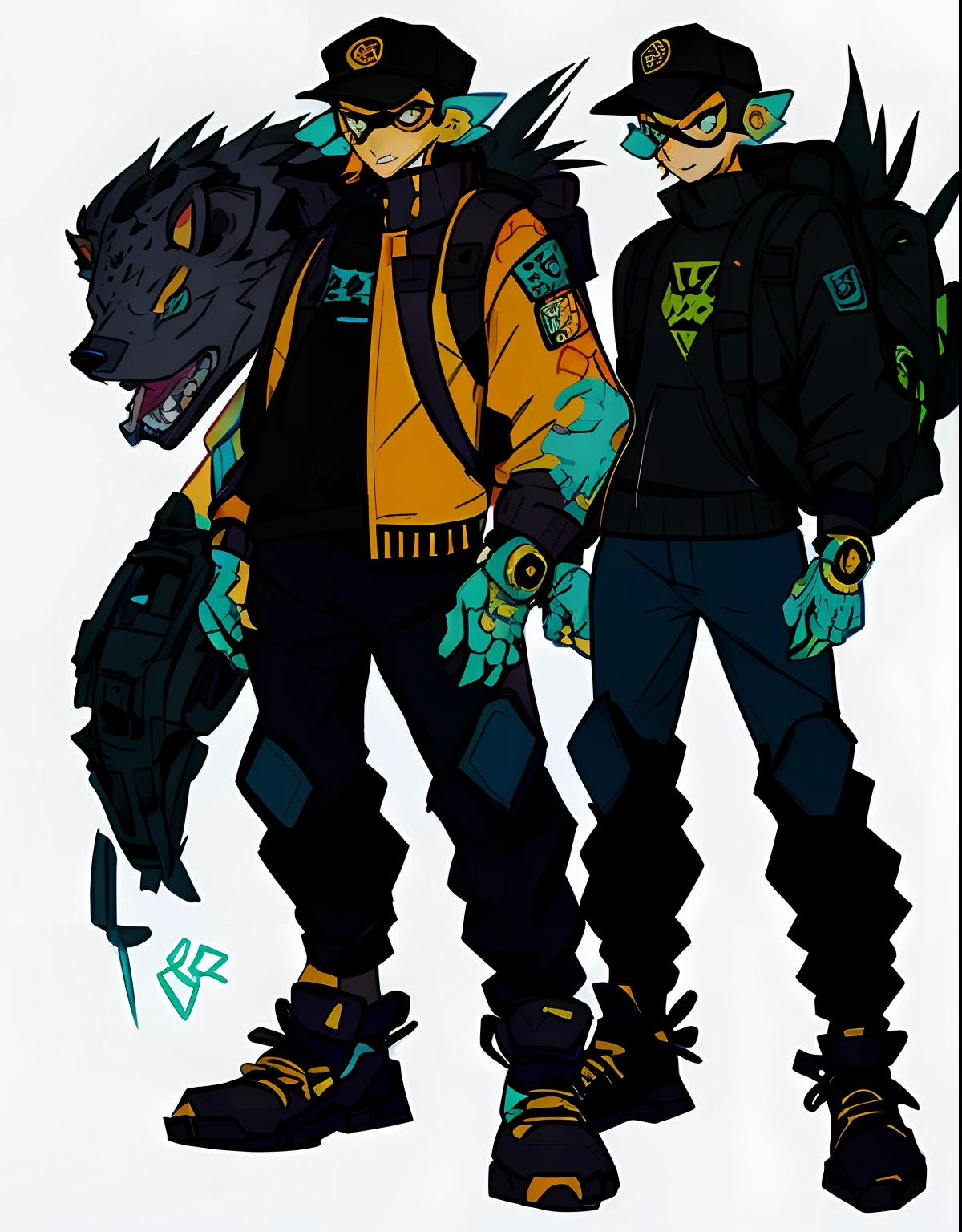 a cartoon drawing of a man with a hat and a backpack, interesting character design, [ character design ], high quality fanart, great character design, cell shaded!!!, heavily equipped, # mecha, with splatoon style, highly detailed character design, colorful! character design, merged character, heavily armored, comic character design, style of jet set radio, hyena fursona