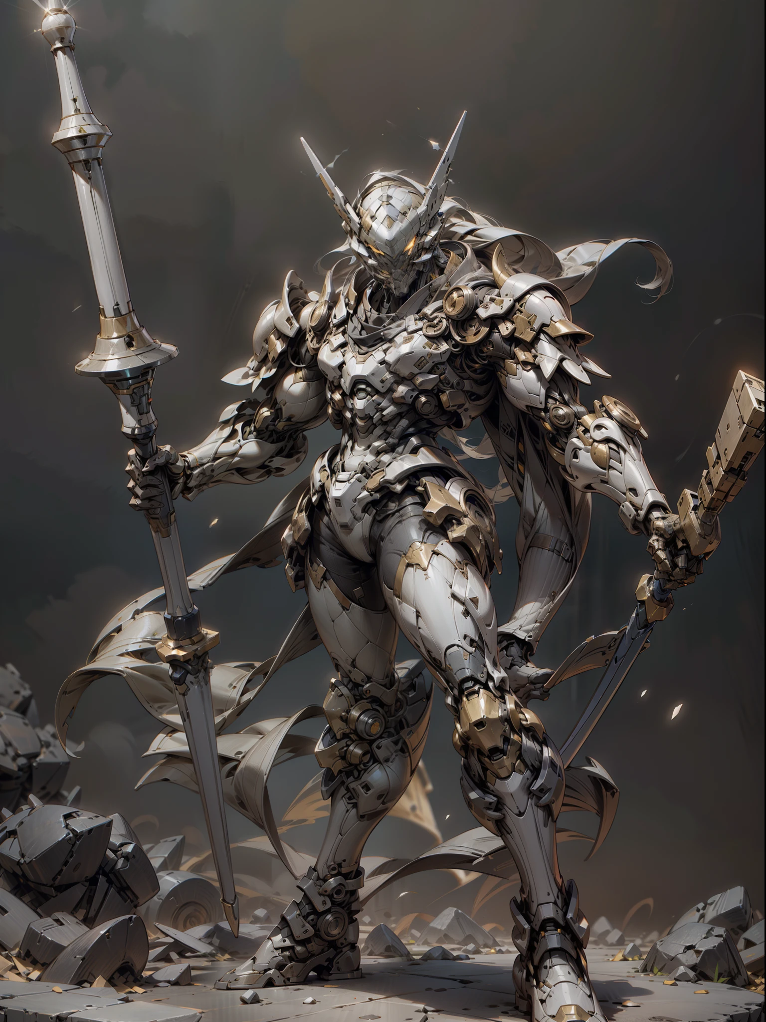 Holy Hammer, golden ghost warrior holding sledgehammer, mask covering face, sledgehammer held in hand, hammer smashed to the ground, bandana tied to forehead, strong fat warrior, super cool ghost warrior, male, hammer, sledgehammer, long cloak, with black mask, wearing golden mechanical armor, glowing golden eyes, perfect body proportions, full body shot, looking up, super detail, IP by pop mart, edge light, avatar, octane rendering, blender, clean black background, 3d, c4d, Best Quality, Very Detailed, Ancient Technology, HDR (High Dynamic Range), Ray Tracing, NVIDIA RTX, Super Resolution, Unreal 5, Subsurface Scattering, PBR Textures, Post-processing, Anisotropic Filtering, Depth of Field, Maximum Clarity and Acutance, Multi-layer Textures, Albedo and Highlight Maps, Surface Shading, Accurate Simulation of Light-Material Interactions, Perfect Proportions, Octane Rendering, Two-tone Lighting, Low ISO, White Balance, Rule of Thirds, Wide Aperture, 8K RAW, High Efficiency Subpixels, Subpixel convolution, luminescent particles, light scattering, Tyndall effect