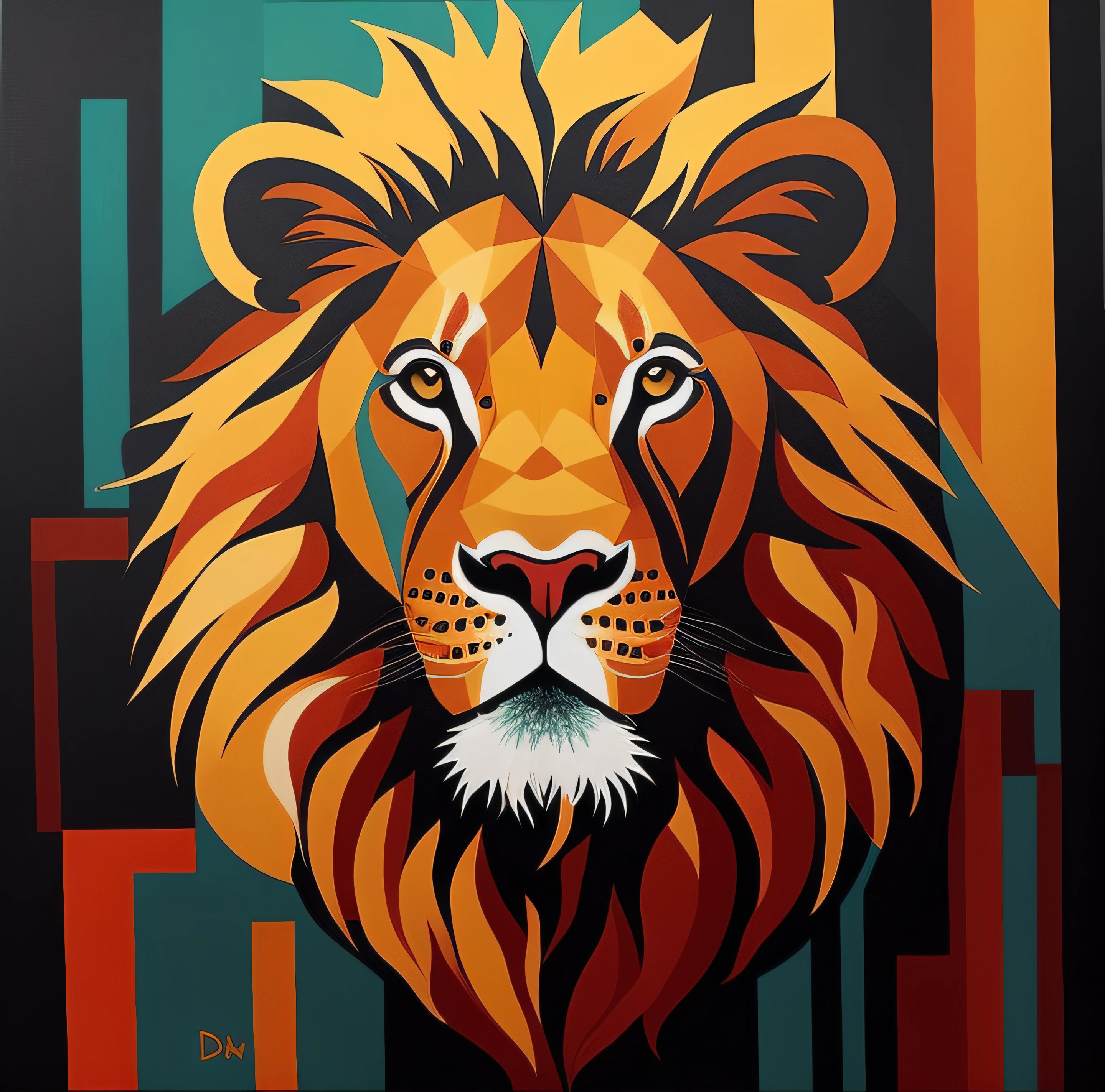 painting of a lion with a geometric pattern on it's face, vector style, flat, by Dahlov Ipcar, with the mane of a lion, the mane of a lion, king of the jungle, lion head, by Jason Benjamin, lion, half lion, majestic painting, by Nicholas Marsicano, face of an lion, portrait of a lion, by Lisa Nankivil