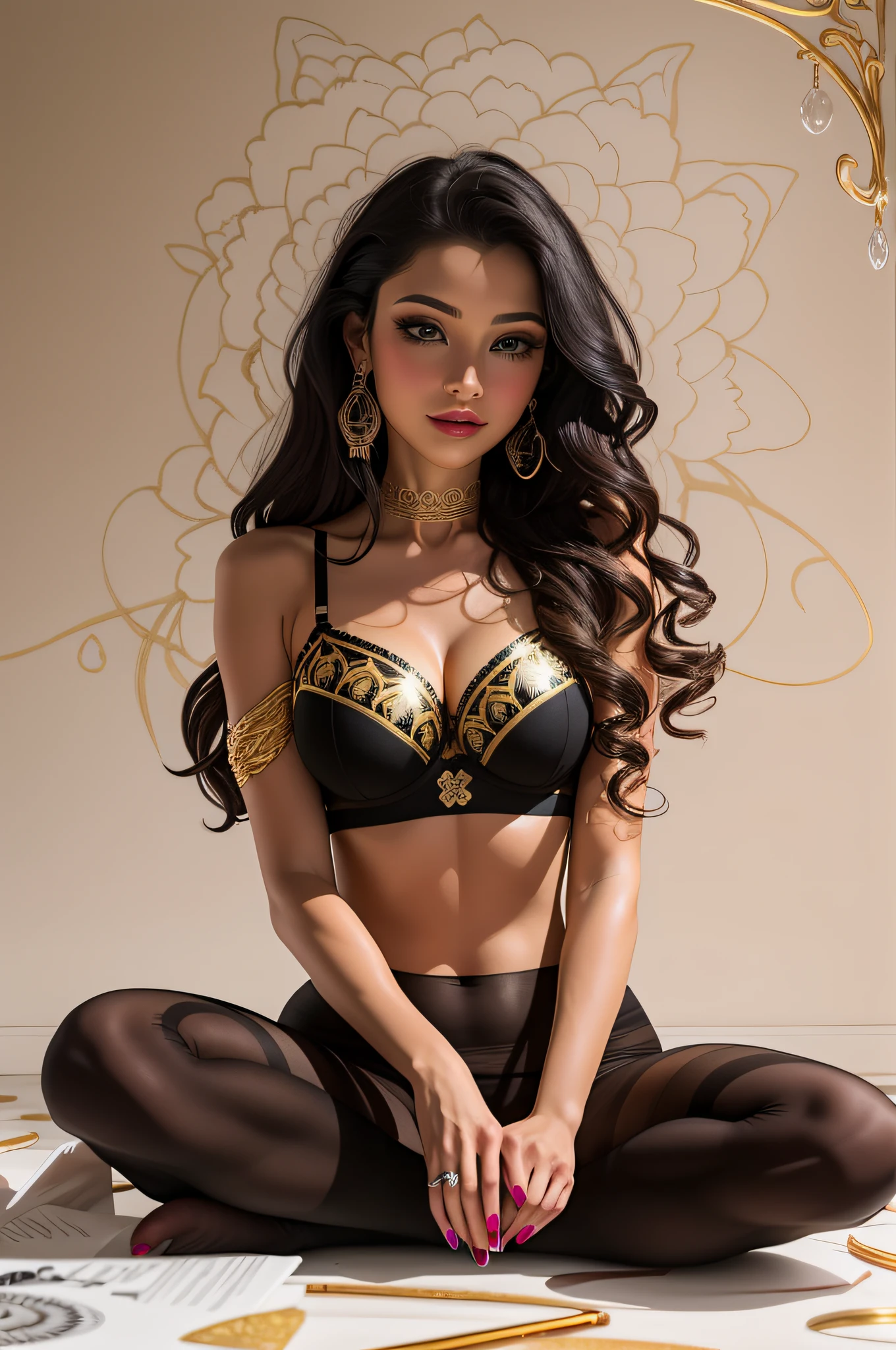 woman in a black bra top sitting on the floor looking at the viewer, beautiful woman, photo of a beautiful woman, stunning woman, golden rays, her black hair is a long curly, glow, gold mandala, very beautiful woman, sexy girl with dark complexion, seductive lady, photo of model thin girl, 24 year old female model, beautiful goddess (zentangle, golden mandalas, tangled, tangled), sacred light, gold leaf, gold leaf art, glitter drawing, PerfectNwsjMajic